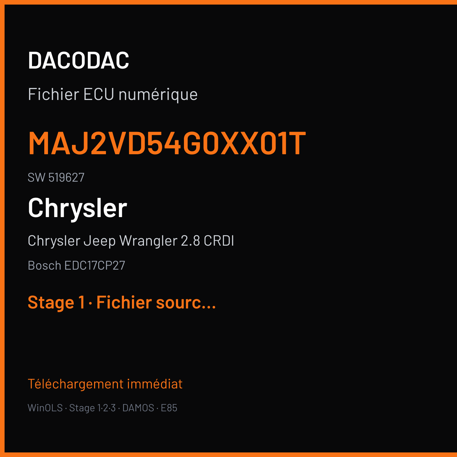Chrysler Jeep Wrangler 2.8 CRDI (2012) — Bosch EDC17CP27 — MAJ2VD54G0XX01T · 519627 — Stage 1