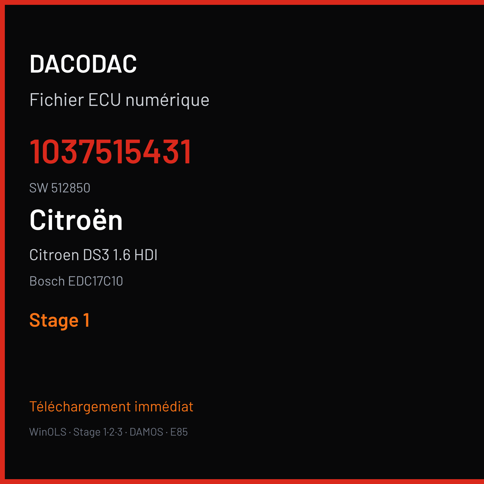 Citroen DS3 1.6 HDI (2011) — Bosch EDC17C10 — 1037515431 · 512850 — Stage 1