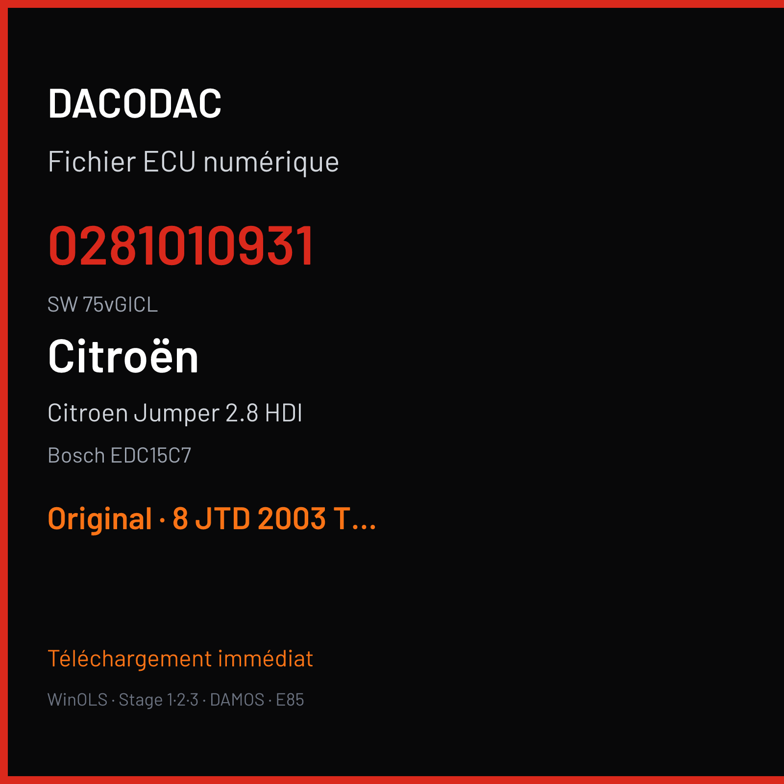 Citroen Jumper 2.8 HDI 128 ch (2005) — Bosch EDC15C7 — 0281010931 · 75vGICL · 0109310091 366765 — Original