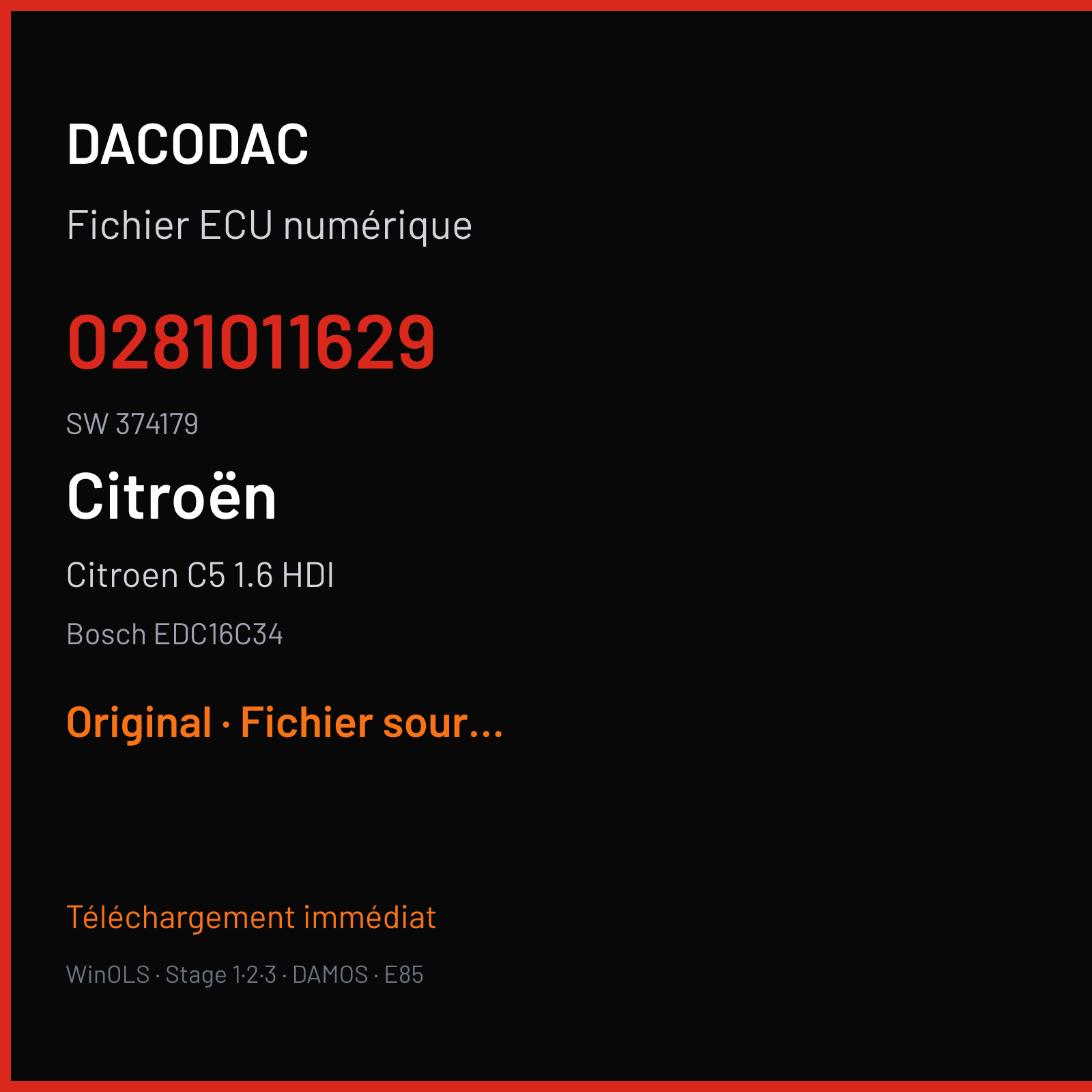 Citroen C5 1.6 HDI (2005) — Bosch EDC16C34 — 0281011629 · 374179 — Original