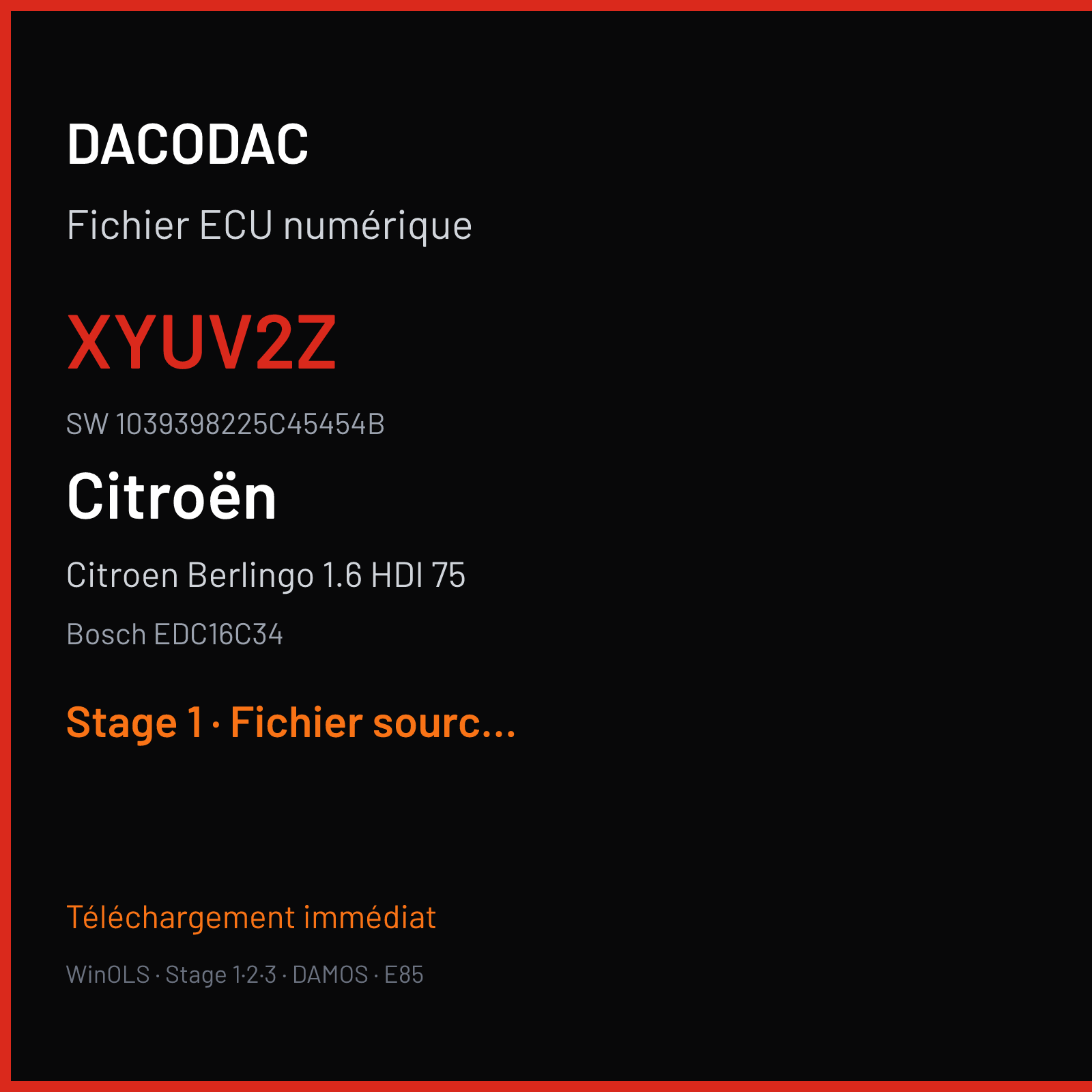 Citroen Berlingo 1.6 HDI 75 75 ch (2009) — Bosch EDC16C34 — XYUV2Z · 1039398225C45454B · 398225 — Stage 1