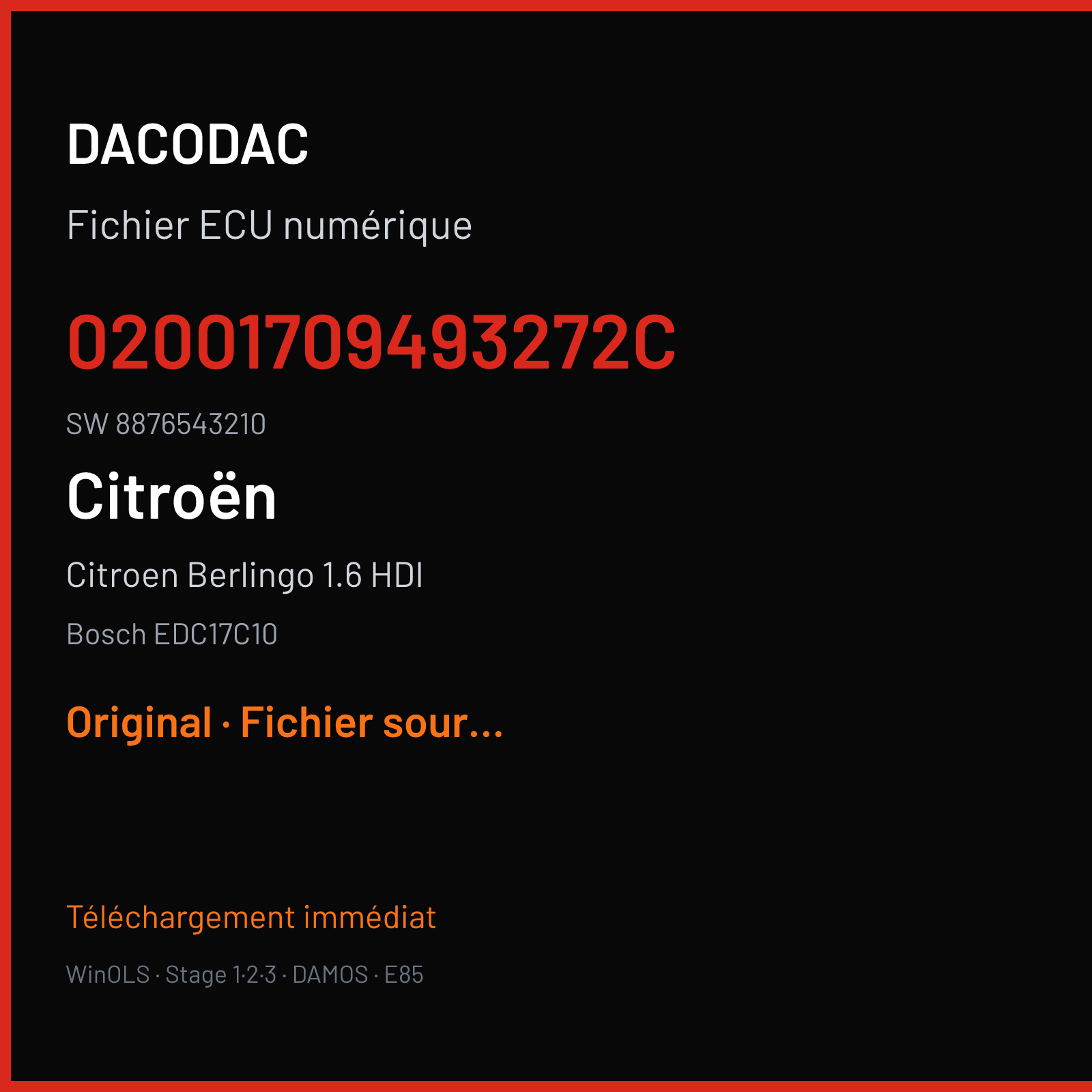 Citroen Berlingo 1.6 HDI 92 ch (2011) — Bosch EDC17C10 — 02001709493272C · 8876543210 · 520627 — Original