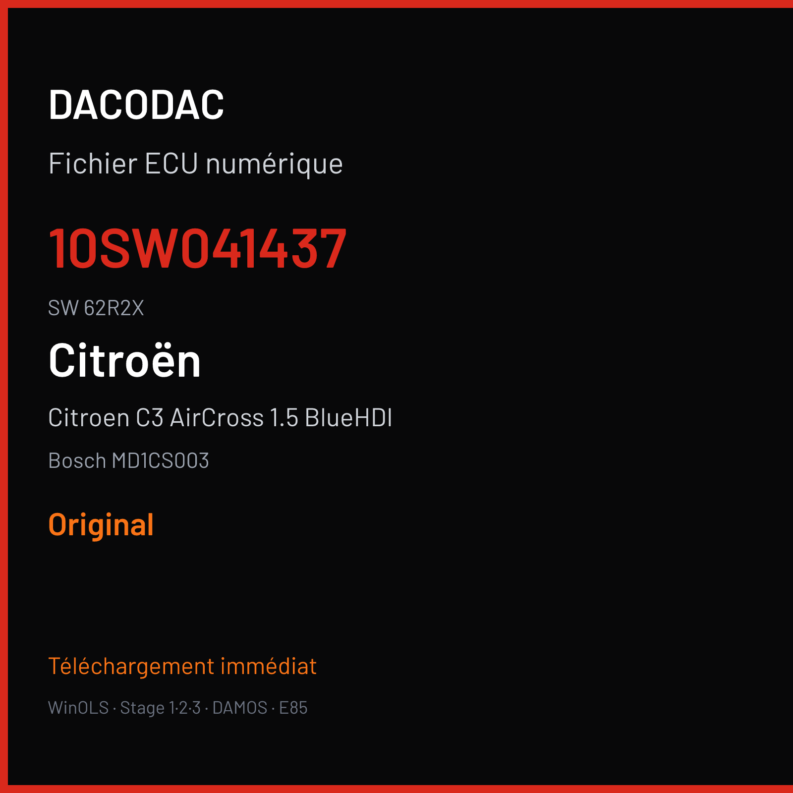 Citroen C3 AirCross 1.5 BlueHDI 102 ch (2020) — Bosch MD1CS003 — 10SW041437 · 62R2X · 1DH8B 6A6O2 9693683280 10SW049286 — Original