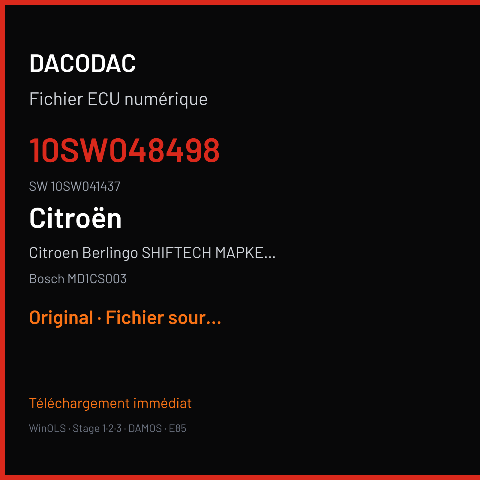 Citroen Berlingo SHIFTECH MAPKE 1.5 100 ch (2020) — Bosch MD1CS003 — 10SW048498 · 10SW041437 · 048498 — Original