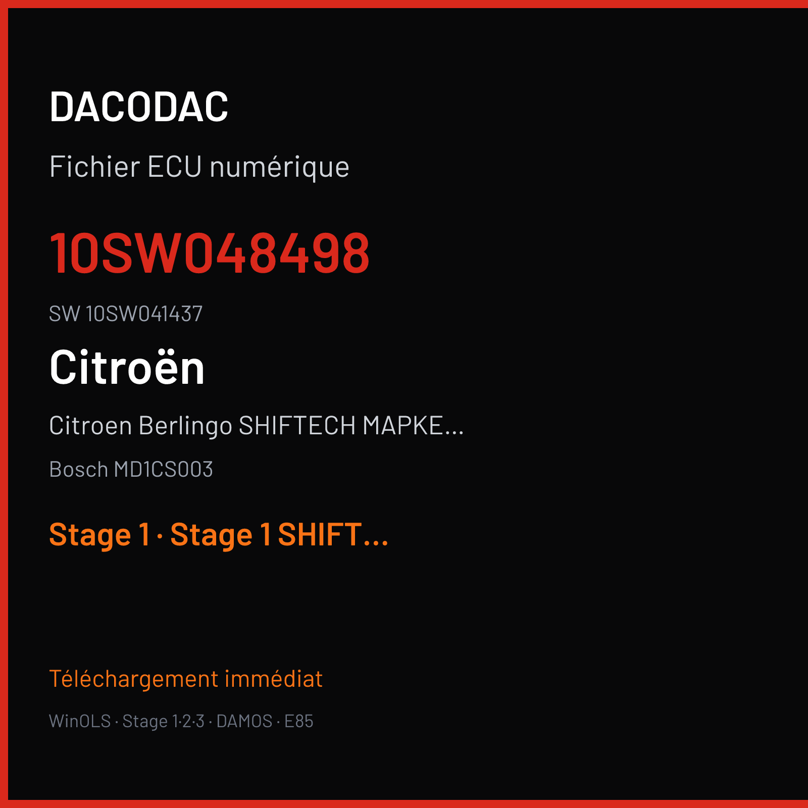 Citroen Berlingo SHIFTECH MAPKE 1.5 100 ch (2020) — Bosch MD1CS003 — 10SW048498 · 10SW041437 · 048498 — Stage 1