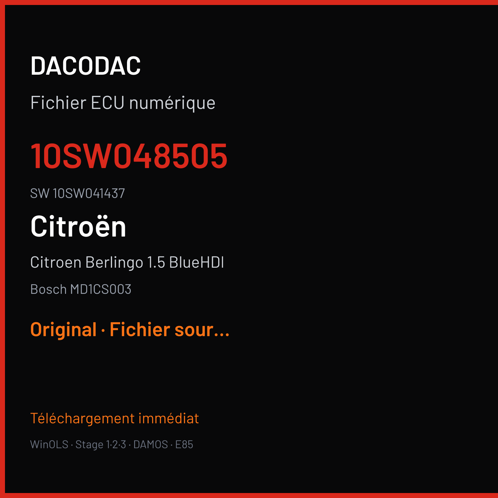 Citroen Berlingo 1.5 BlueHDI 75 ch (2019) — Bosch MD1CS003 — 10SW048505 · 10SW041437 · 048505 — Original