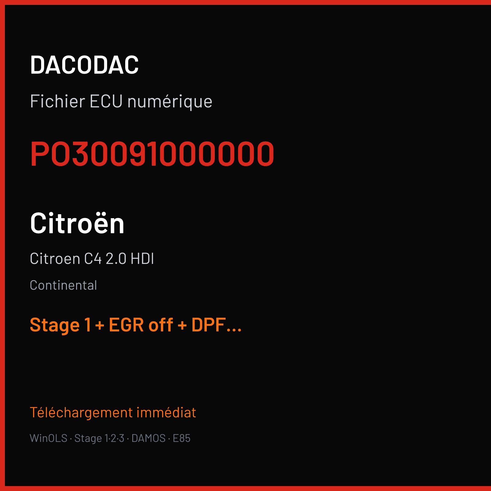 Citroen C4 2.0 HDI (2007) — Continental — PO30091000000 — Stage 1 + EGR off + DPF off