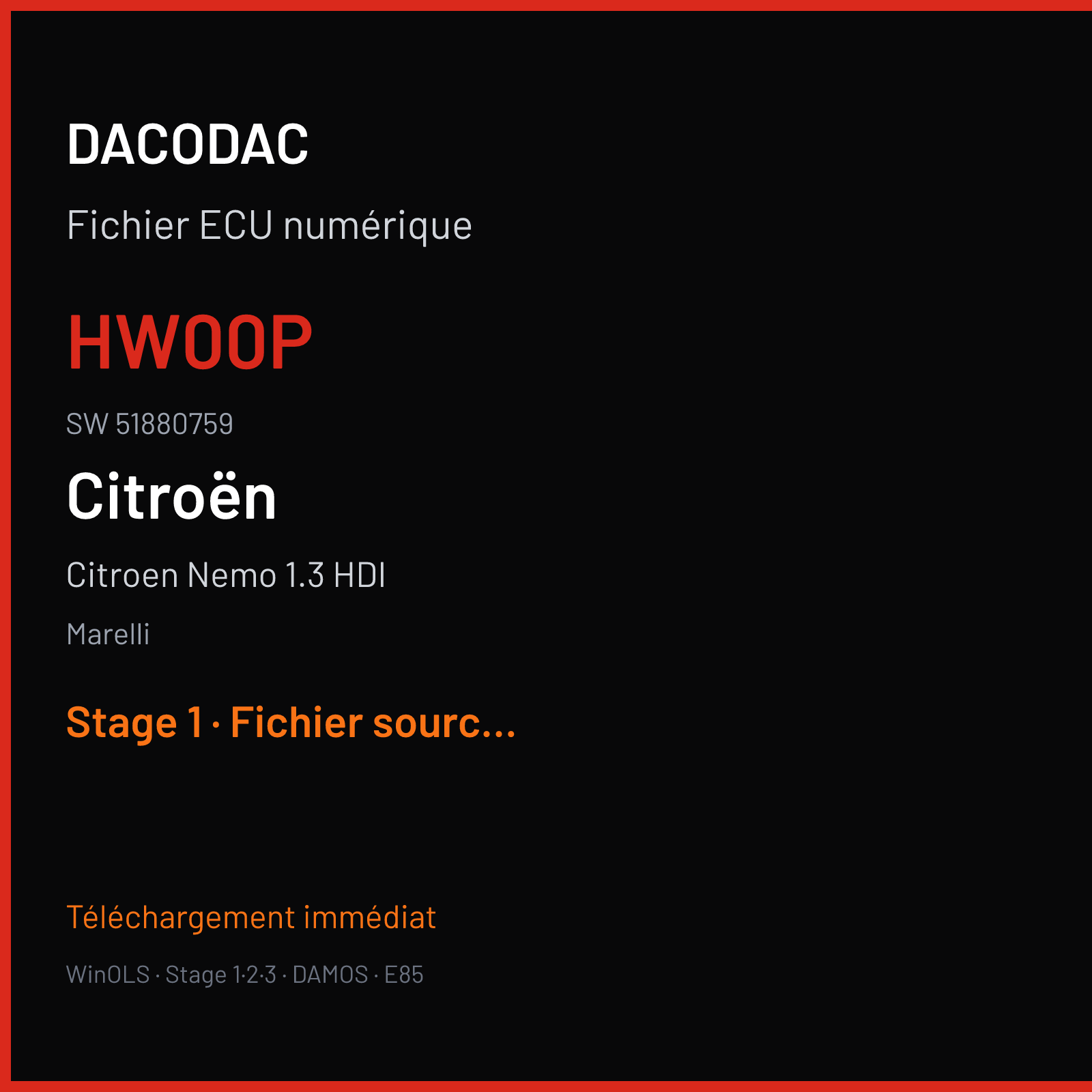 Citroen Nemo 1.3 HDI 75 ch (2011) — Marelli — HW00P · 51880759 · 9743F187 MJ8DFH — Stage 1