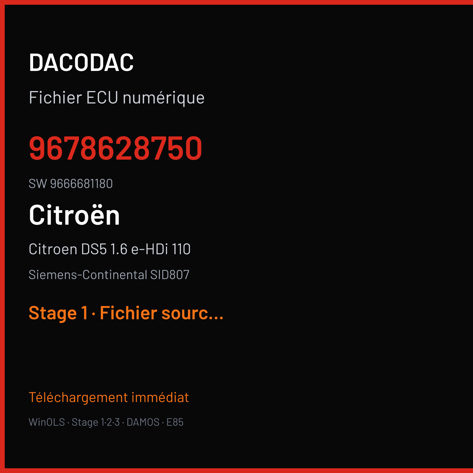 Citroen DS5 1.6 e-HDi 110 120 ch — Siemens-Continental SID807 — 9678628750 · 9666681180 · PR181E2000000 — Stage 1
