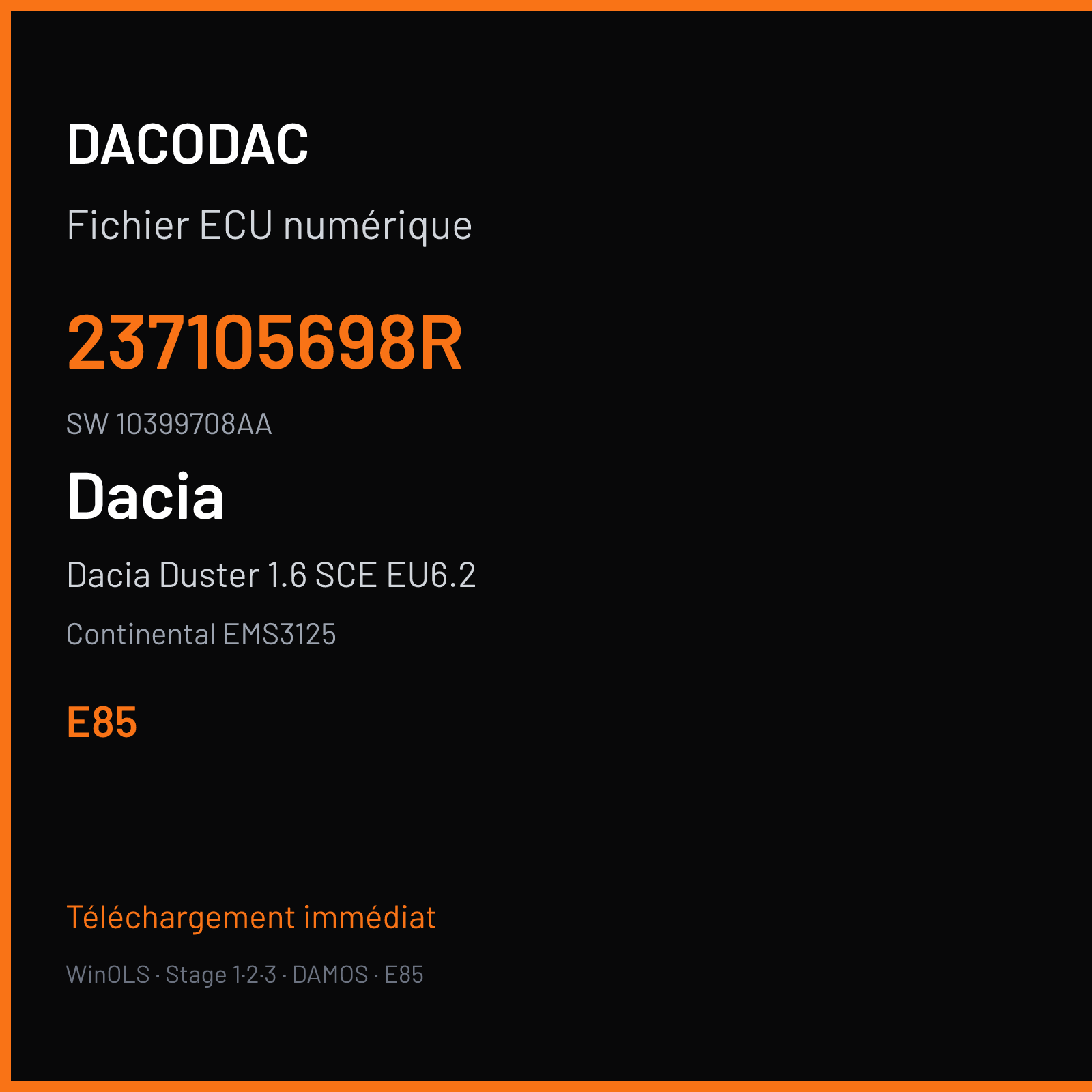 Dacia Duster 1.6 SCE EU6.2 (2018) — Continental EMS3125 — 237105698R · 10399708AA · 237103771S — E85