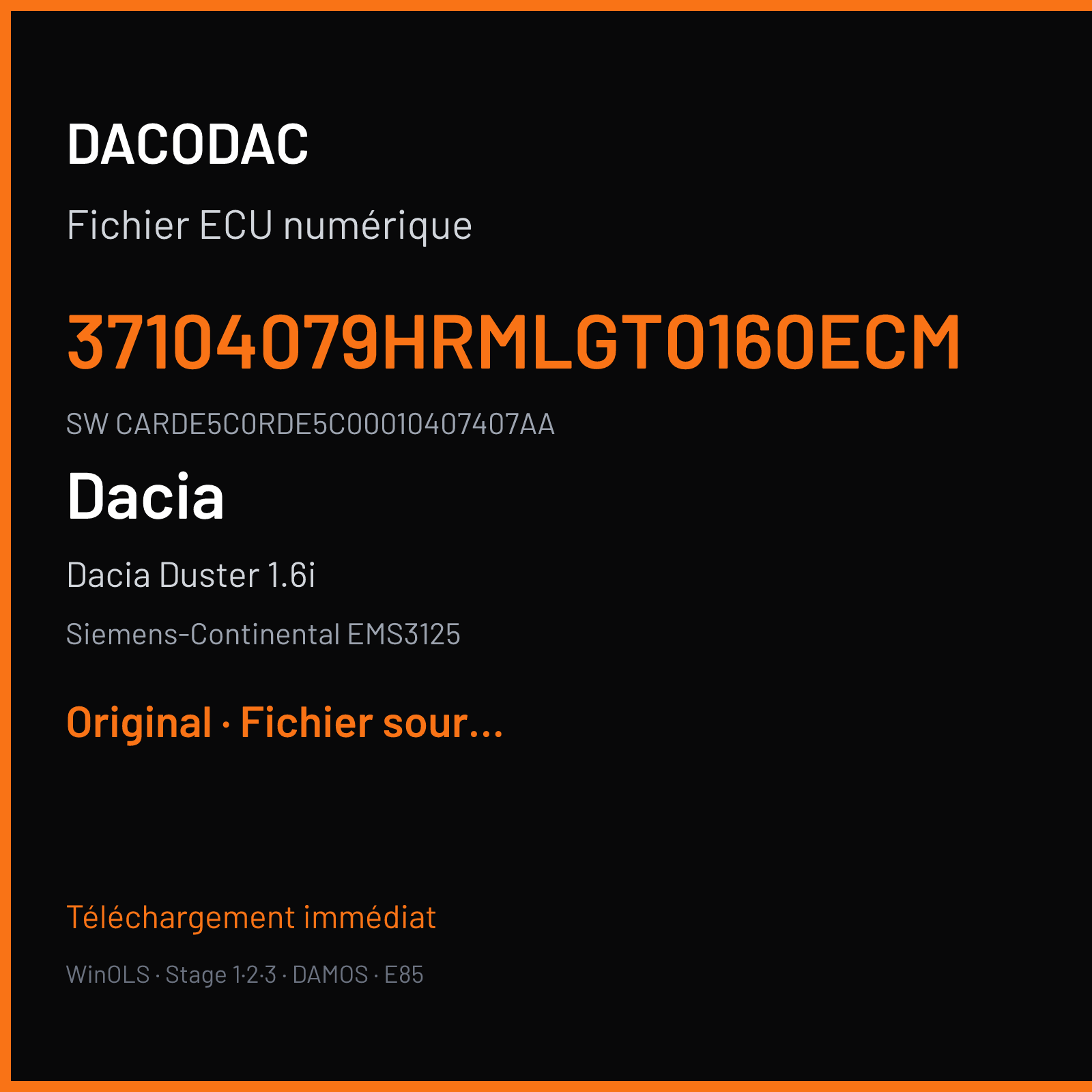 Dacia Duster 1.6i 115 ch (2016) — Siemens-Continental EMS3125 — 37104079HRMLGT0160ECM · CARDE5C0RDE5C00010407407AA · RDE105C000000 — Original