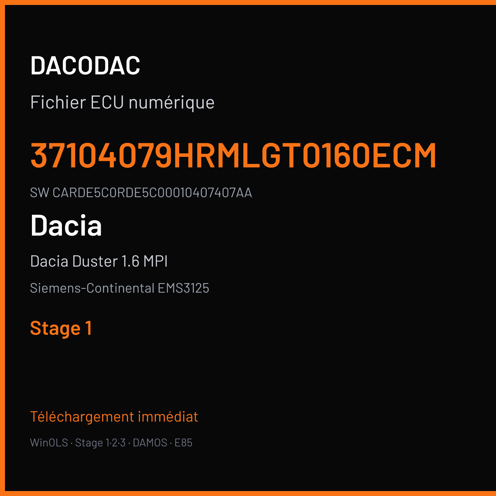 Dacia Duster 1.6 MPI 115 ch (2016) — Siemens-Continental EMS3125 — 37104079HRMLGT0160ECM · CARDE5C0RDE5C00010407407AA · RDE105C000000 — Stage 1