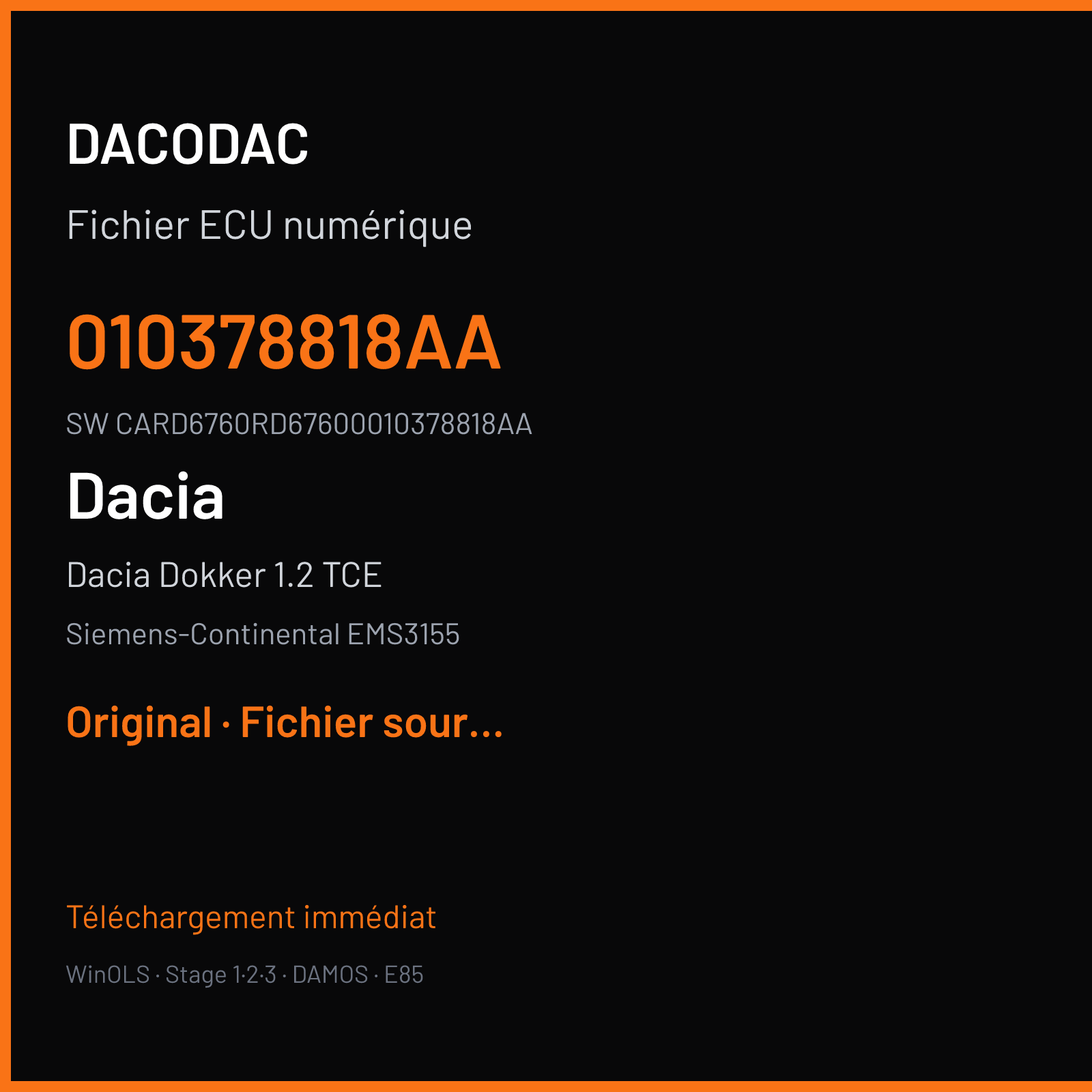 Dacia Dokker 1.2 TCE 115 ch (2018) — Siemens-Continental EMS3155 — 010378818AA · CARD6760RD67600010378818AA · 37611651HRMLGT2029ECM — Original