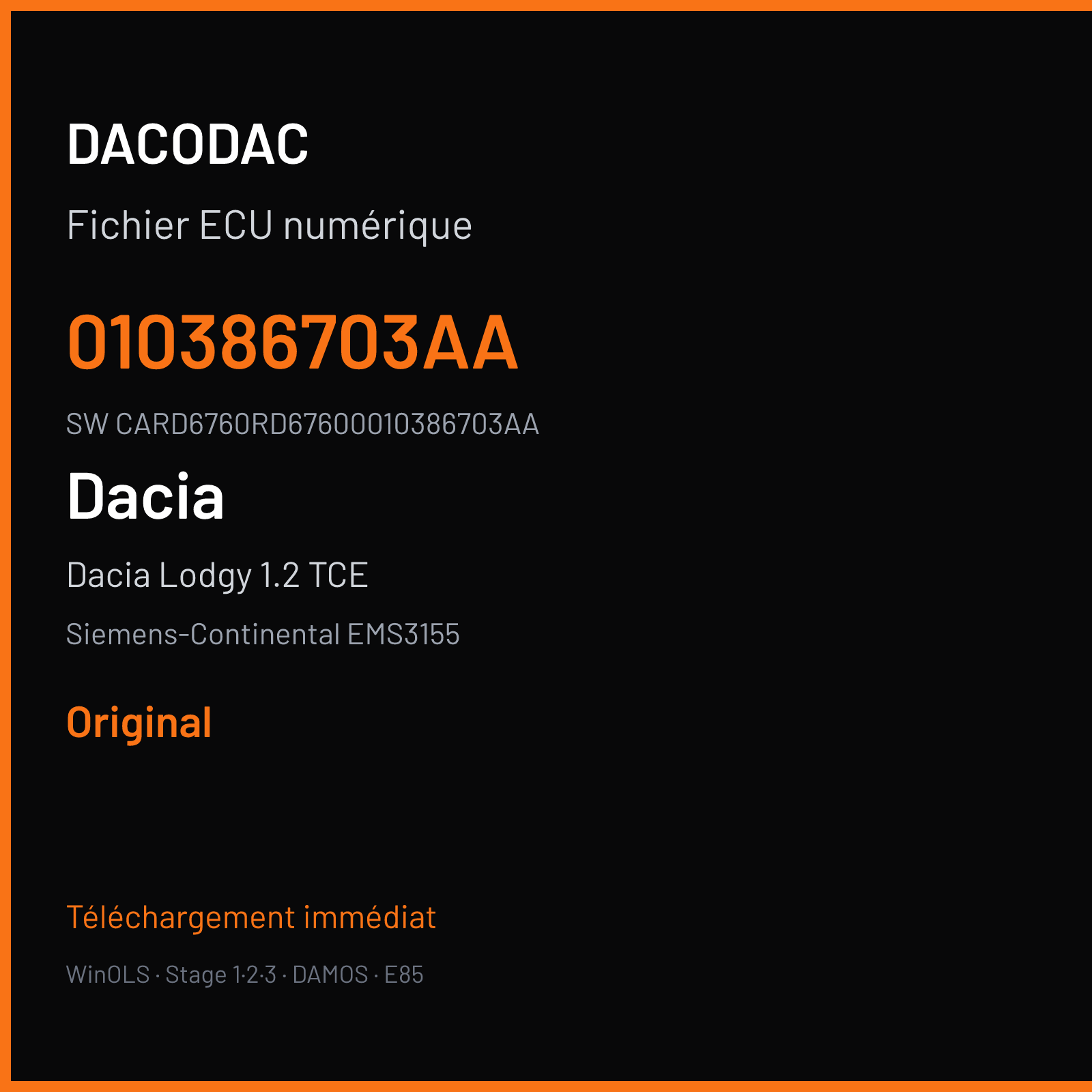 Dacia Lodgy 1.2 TCE 115 ch (2017) — Siemens-Continental EMS3155 — 010386703AA · CARD6760RD67600010386703AA · RD6RD62276000000 — Original