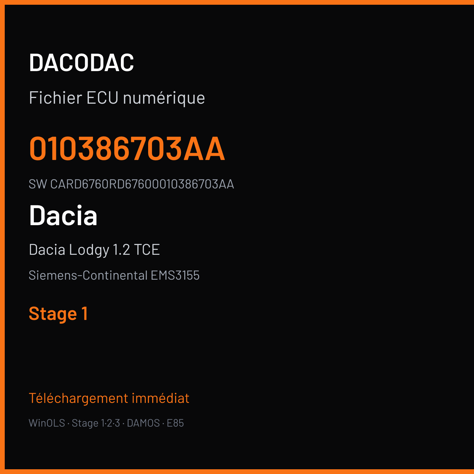 Dacia Lodgy 1.2 TCE 115 ch (2017) — Siemens-Continental EMS3155 — 010386703AA · CARD6760RD67600010386703AA · RD6RD62276000000 — Stage 1