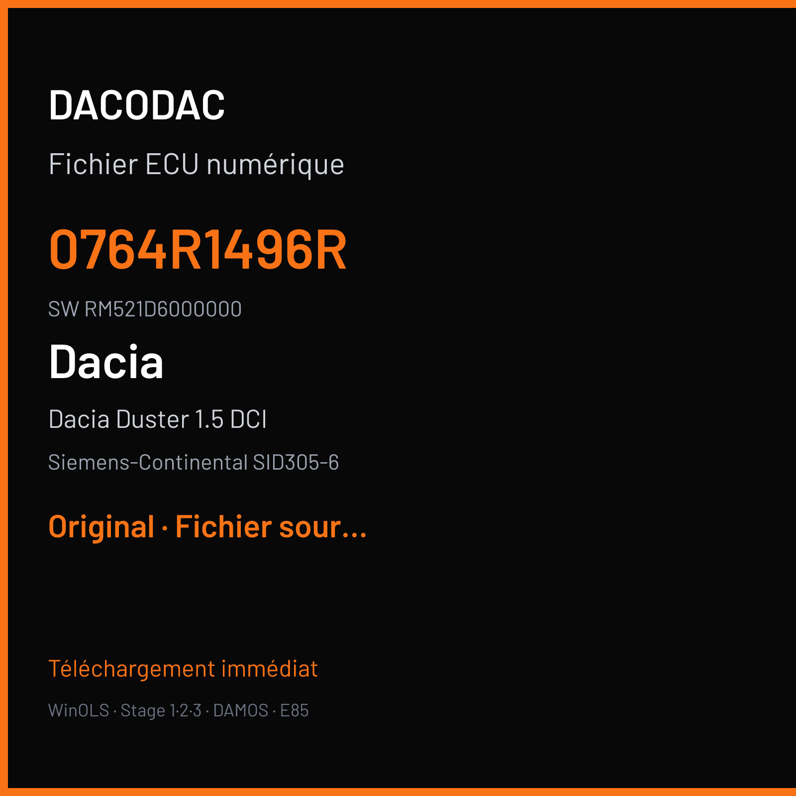 Dacia Duster 1.5 DCI (2012) — Siemens-Continental SID305-6 — 0764R1496R · RM521D6000000 — Original