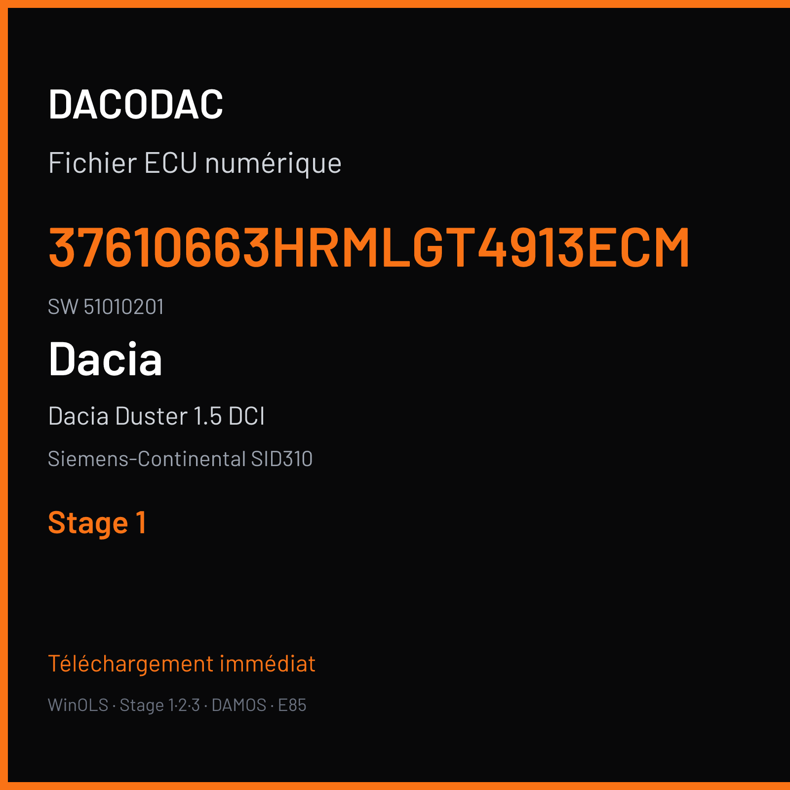 Dacia Duster 1.5 DCI 110 ch (2017) — Siemens-Continental SID310 — 37610663HRMLGT4913ECM · 51010201 — Stage 1