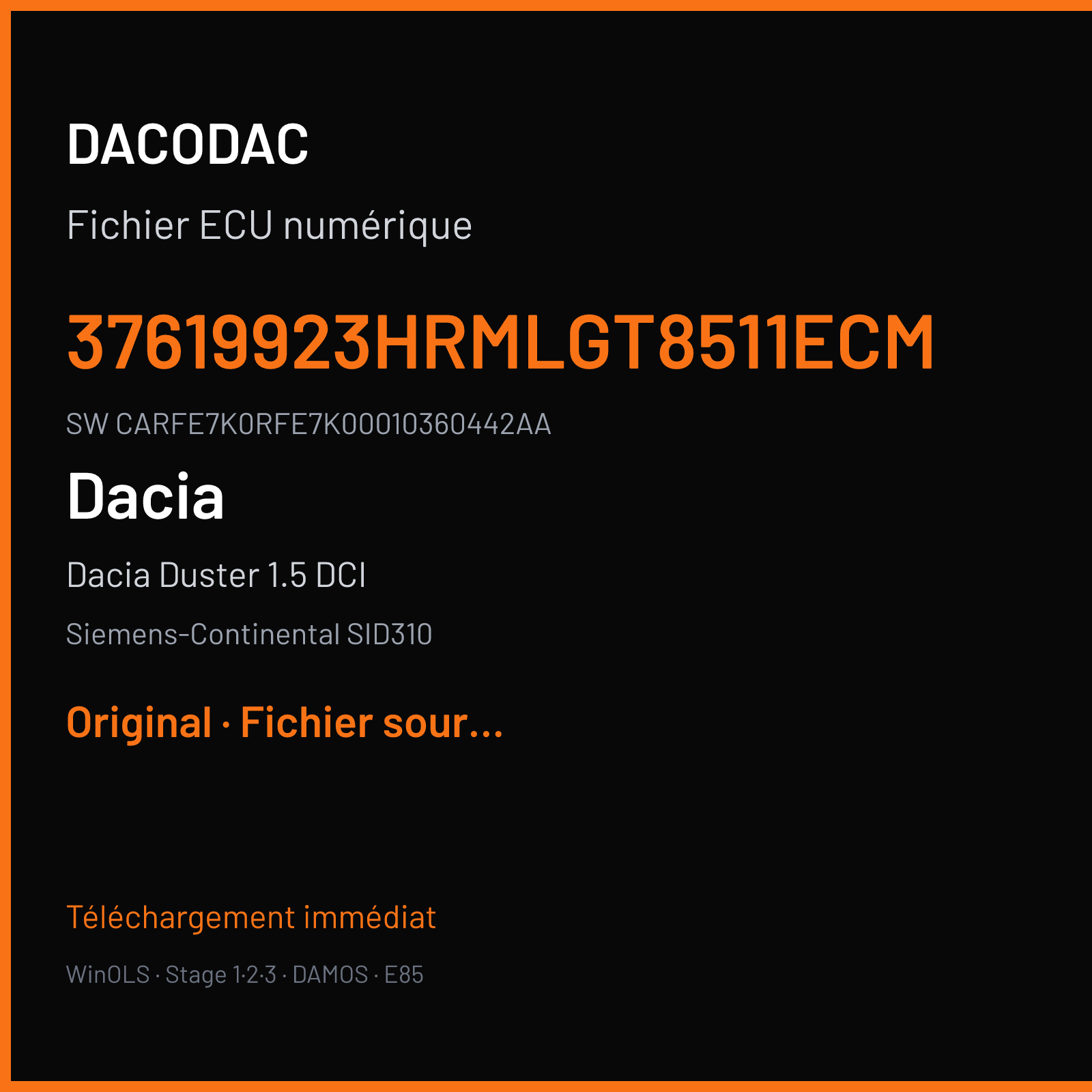 Dacia Duster 1.5 DCI 110 ch (2014) — Siemens-Continental SID310 — 37619923HRMLGT8511ECM · CARFE7K0RFE7K00010360442AA — Original