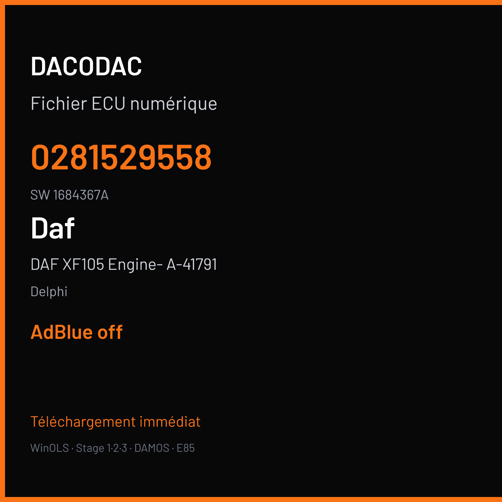 DAF XF105 Engine- A-41791 466 ch (2010) — Delphi — 0281529558 · 1684367A · PC3 1214R04 DMCI — ADBLUE off