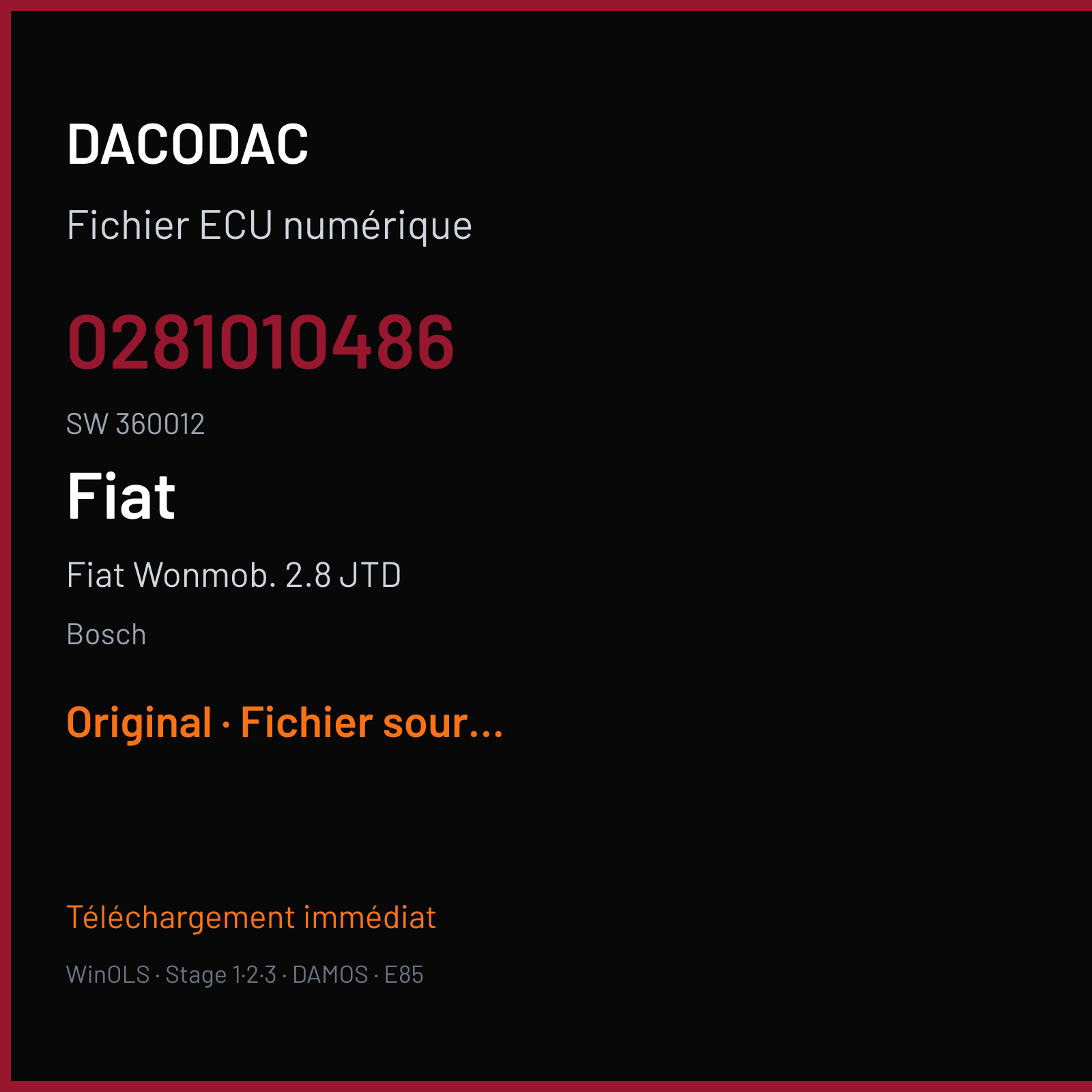 Fiat Wonmob. 2.8 JTD 128 ch (2004) — Bosch — 0281010486 · 360012 — Original