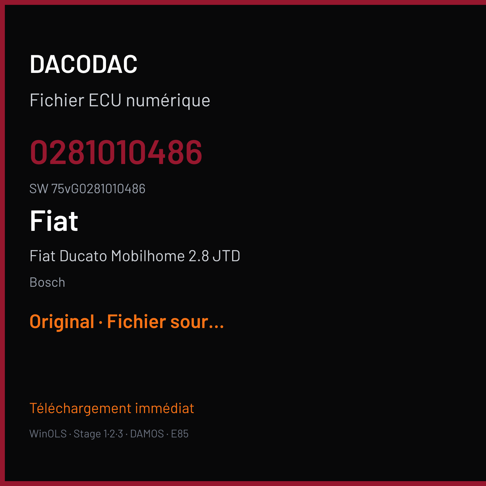 Fiat Ducato Mobilhome 2.8 JTD 128 ch — Bosch — 0281010486 · 75vG0281010486 · C72A 0072CC 360012 Undefined — Original