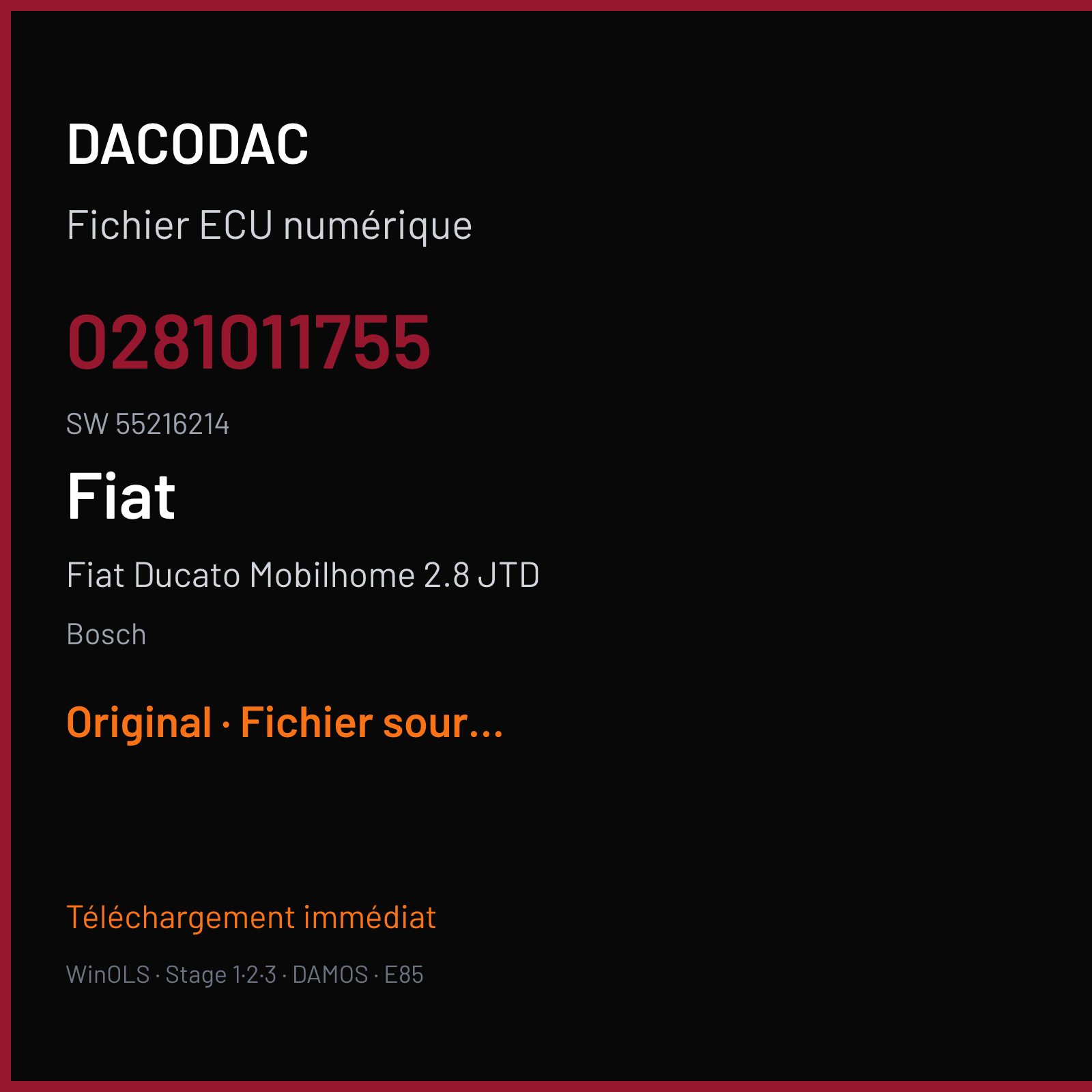 Fiat Ducato Mobilhome 2.8 JTD 145 ch (2006) — Bosch — 0281011755 · 55216214 · 390924 — Original