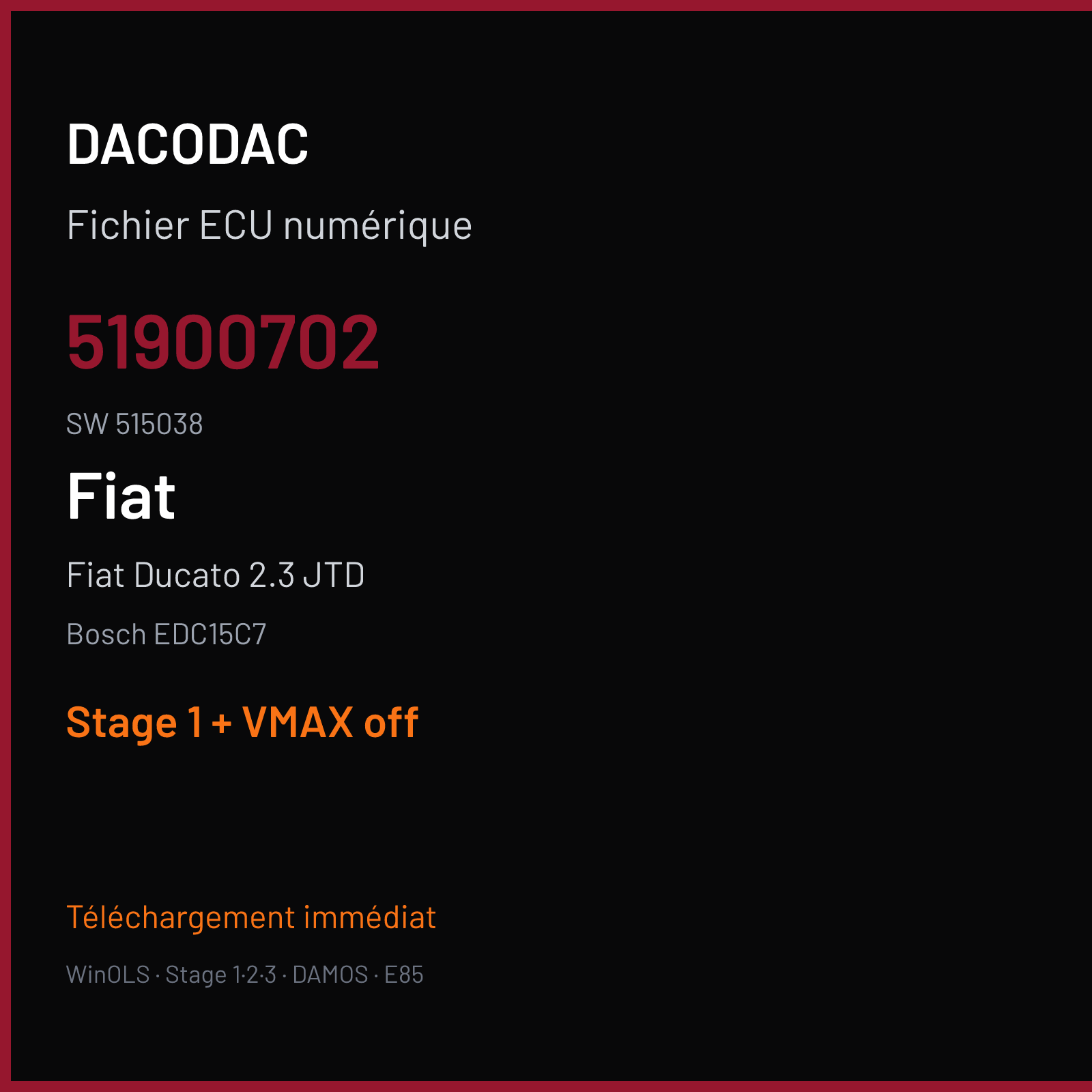 Fiat Ducato 2.3 JTD (2010) — Bosch EDC15C7 — 51900702 · 515038 — Stage 1 + VMAX off
