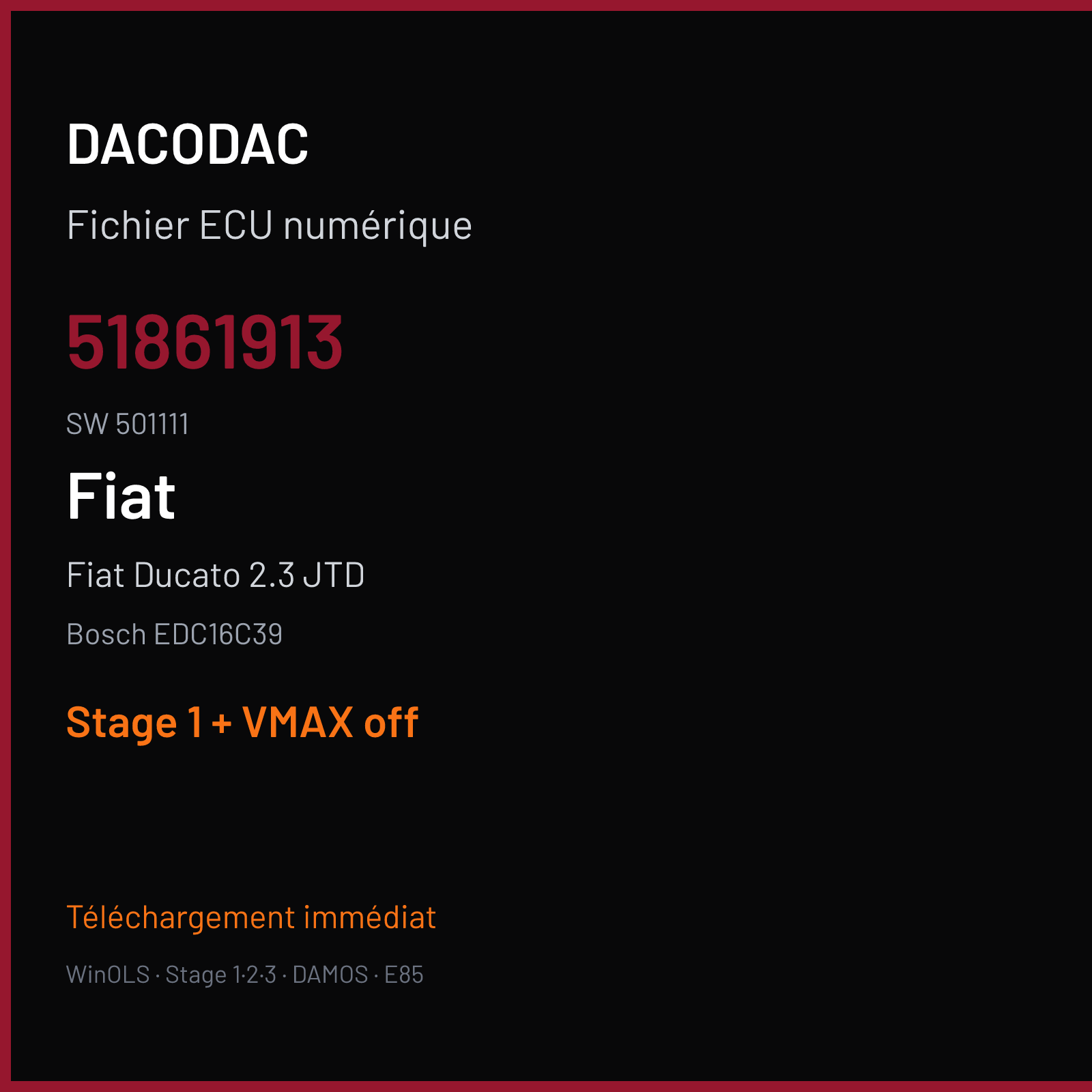 Fiat Ducato 2.3 JTD (2010) — Bosch EDC16C39 — 51861913 · 501111 — Stage 1 + VMAX off