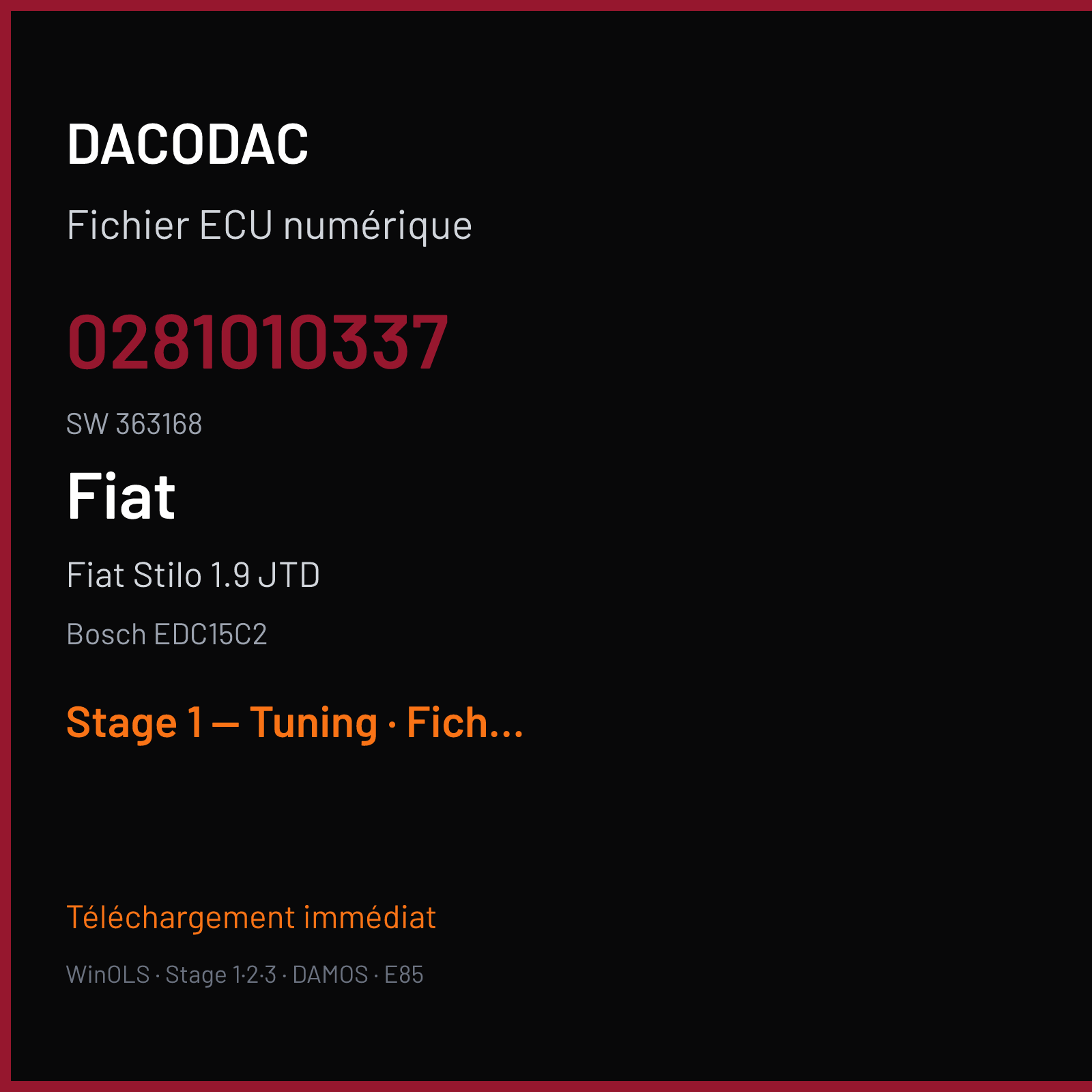 Fiat Stilo 1.9 JTD — Bosch EDC15C2 — 0281010337 · 363168 — Stage 1 — Tuning