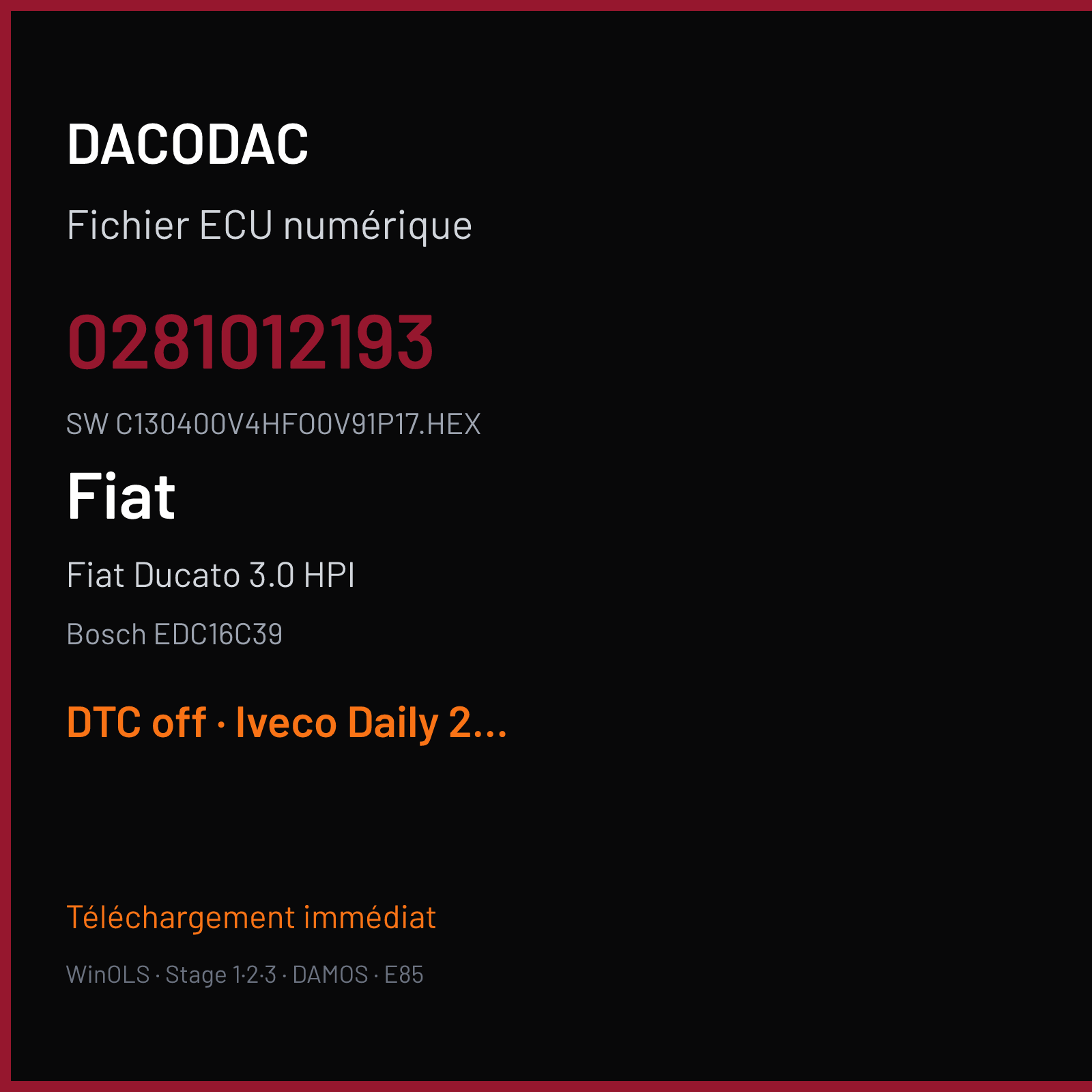 Fiat Ducato 3.0 HPI 177 ch (2008) — Bosch EDC16C39 — 0281012193 · C130400V4HFO0V91P17.HEX · 378086 — DTC off