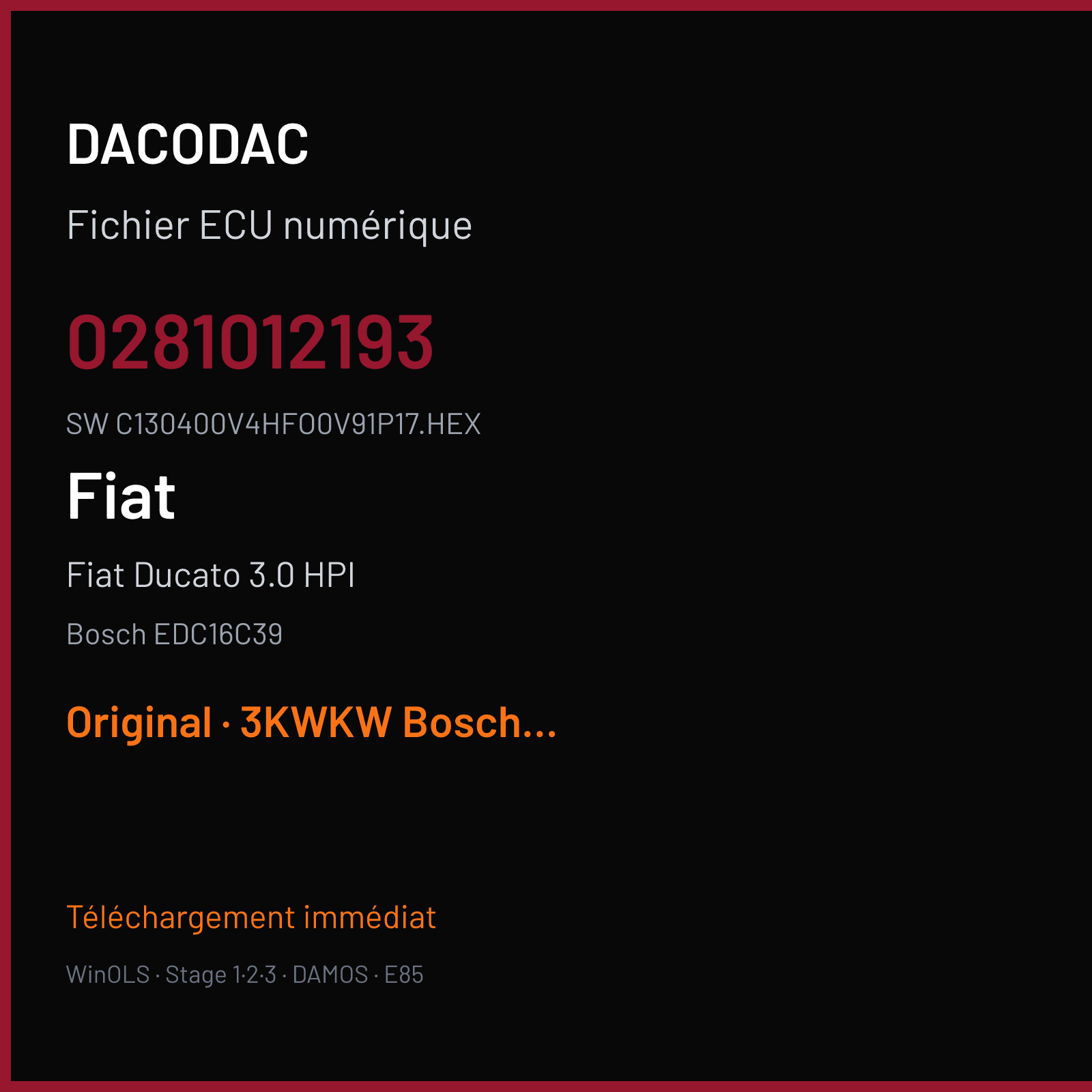 Fiat Ducato 3.0 HPI 177 ch (2008) — Bosch EDC16C39 — 0281012193 · C130400V4HFO0V91P17.HEX · 378086 — Original