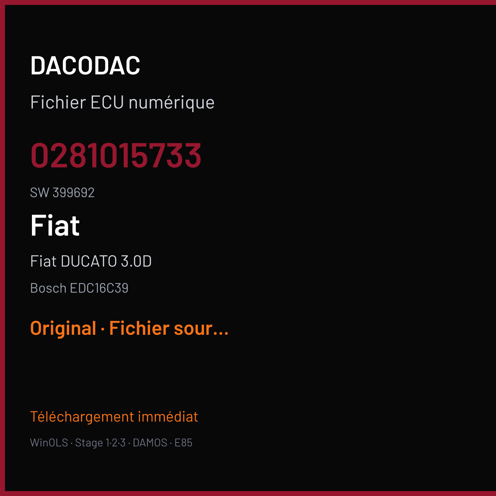 Fiat DUCATO 3.0D (2011) — Bosch EDC16C39 — 0281015733 · 399692 — Original