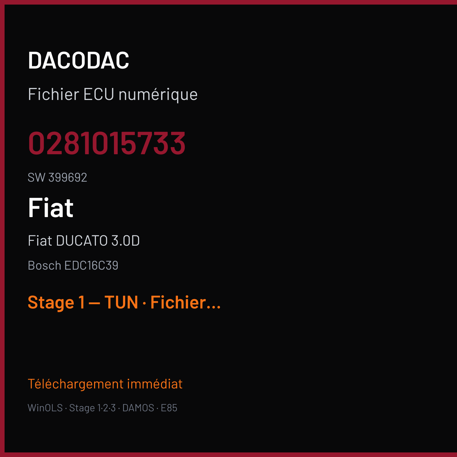 Fiat DUCATO 3.0D (2011) — Bosch EDC16C39 — 0281015733 · 399692 — Stage 1 — TUN