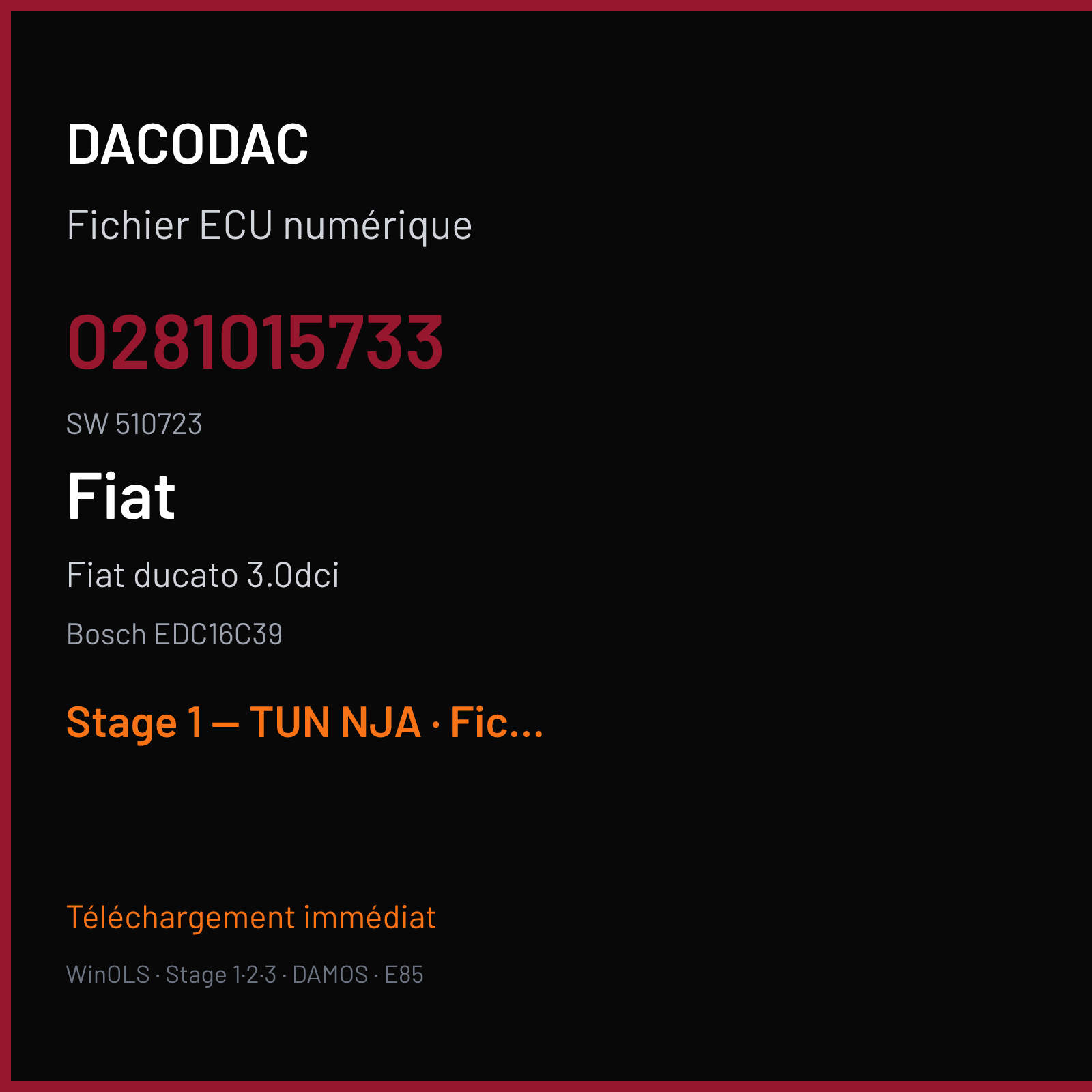 Fiat ducato 3.0dci (2010) — Bosch EDC16C39 — 0281015733 · 510723 — Stage 1 — TUN NJA