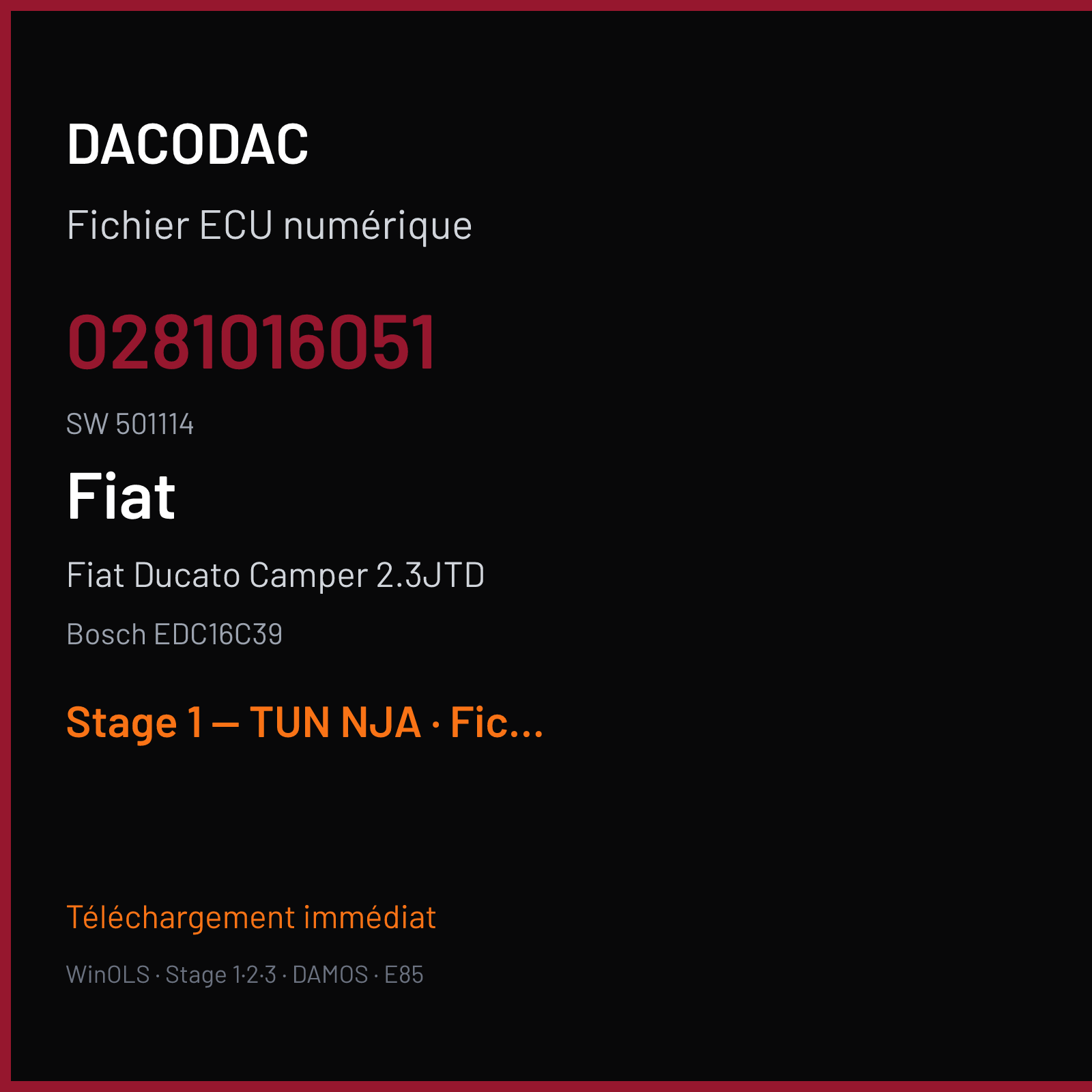 Fiat Ducato Camper 2.3JTD (2012) — Bosch EDC16C39 — 0281016051 · 501114 — Stage 1 — TUN NJA