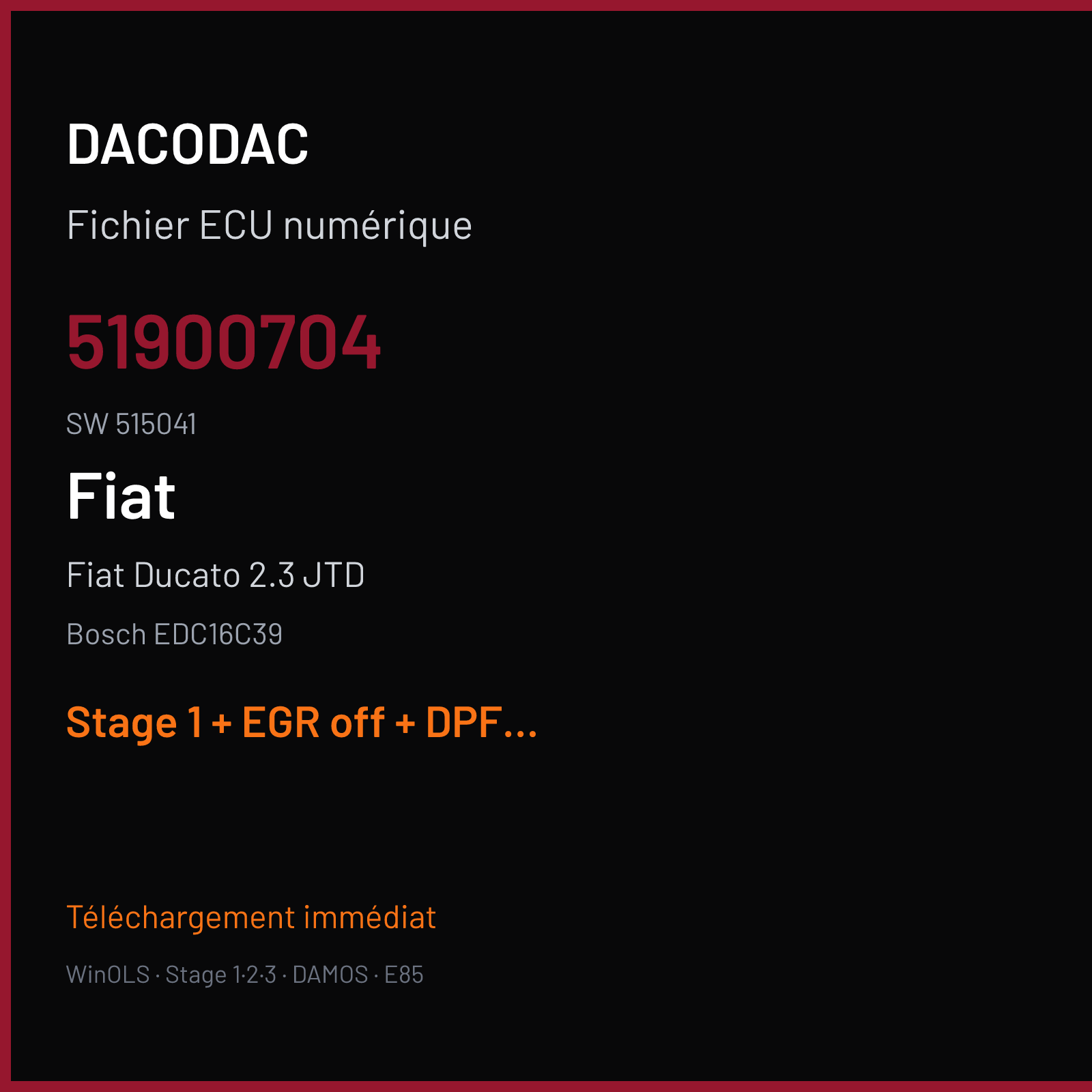 Fiat Ducato 2.3 JTD (2010) — Bosch EDC16C39 — 51900704 · 515041 — Stage 1 + EGR off + DPF off