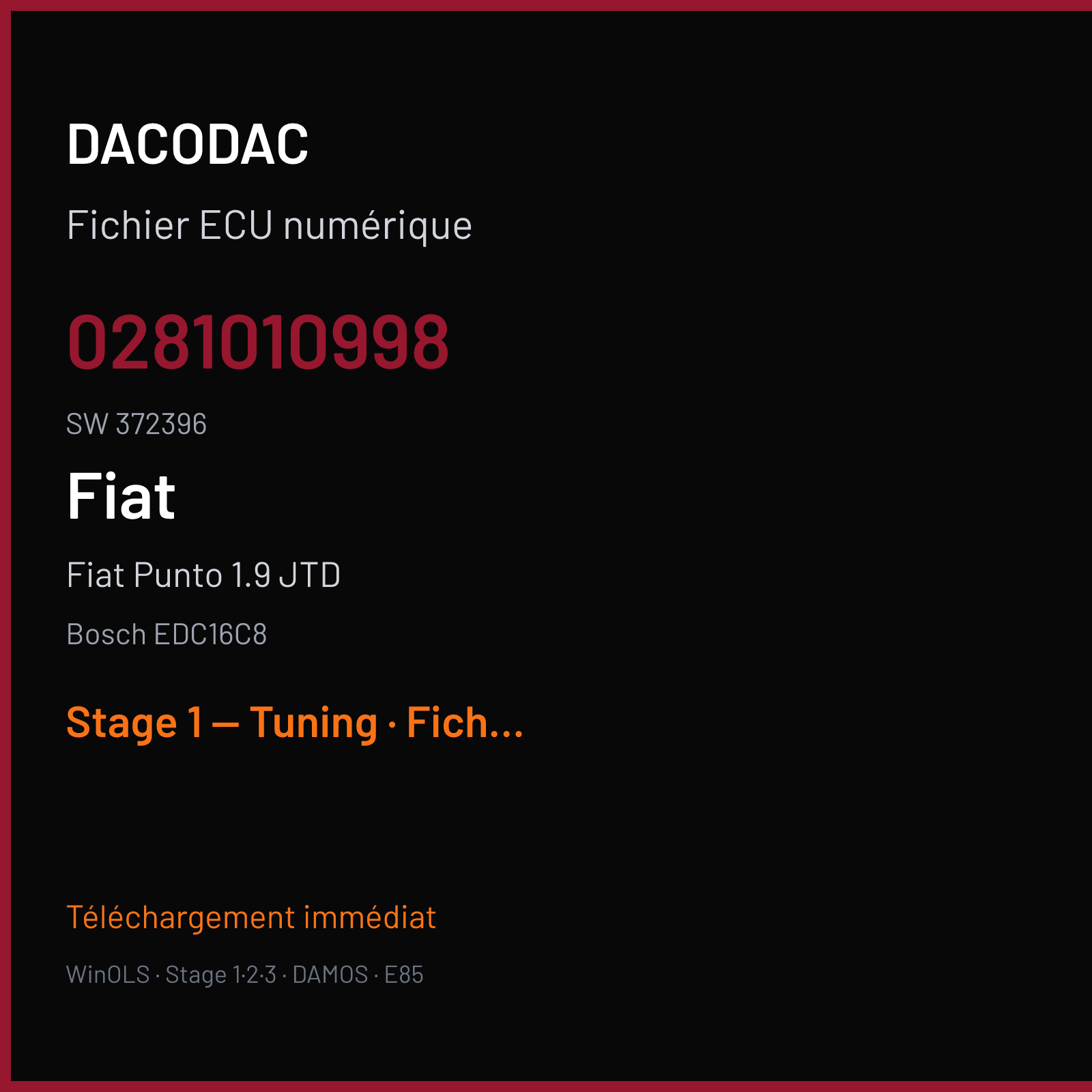 Fiat Punto 1.9 JTD — Bosch EDC16C8 — 0281010998 · 372396 — Stage 1 — Tuning