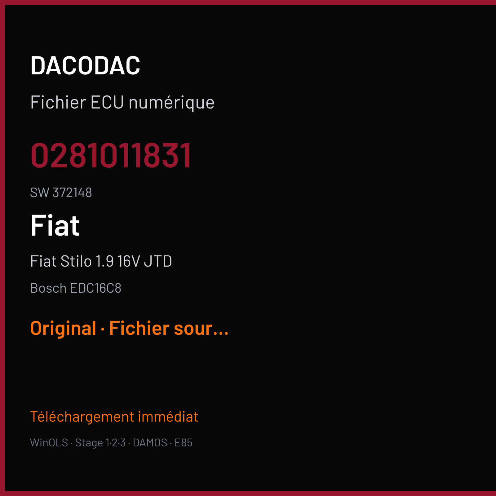 Fiat Stilo 1.9 16V JTD (2005) — Bosch EDC16C8 — 0281011831 · 372148 — Original