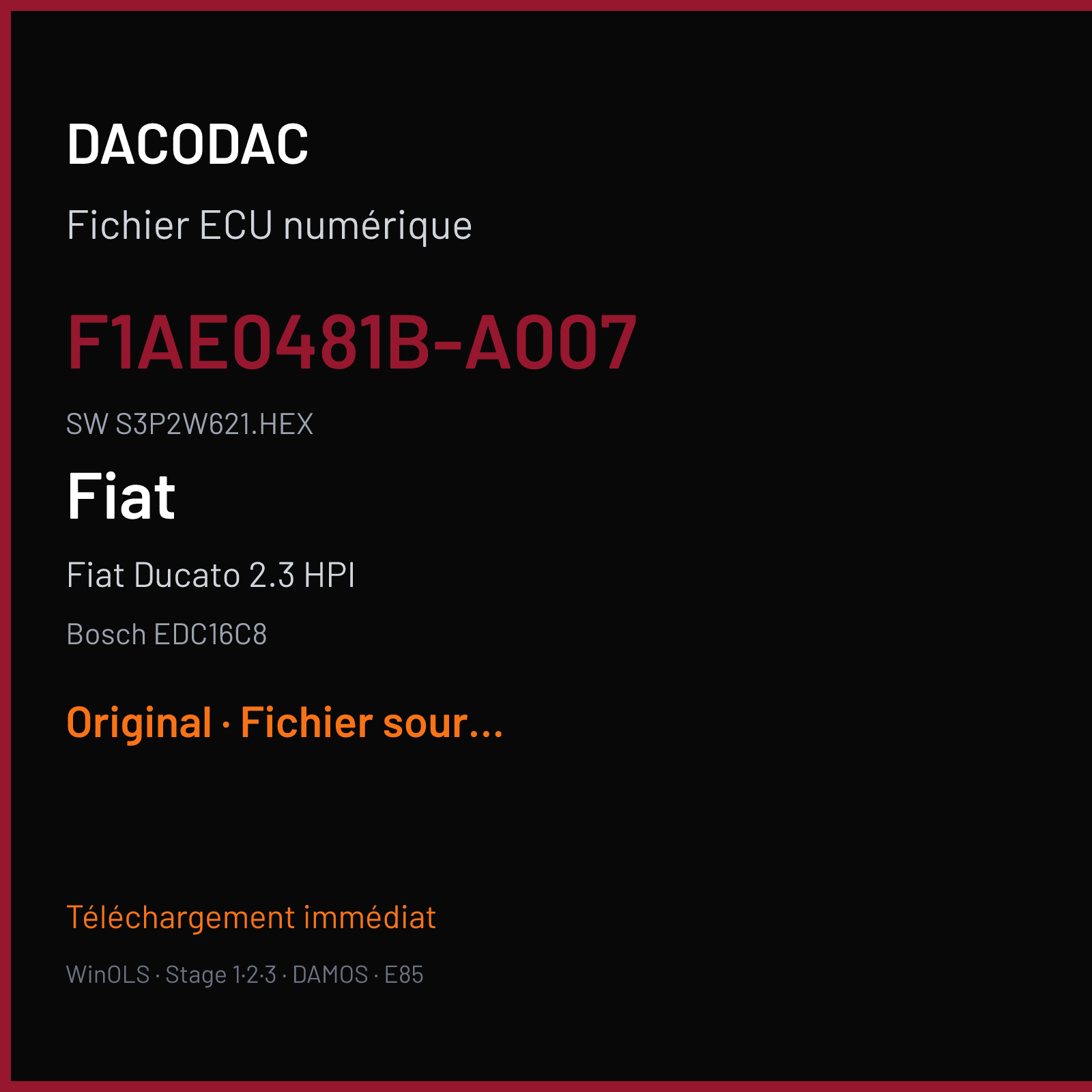 Fiat Ducato 2.3 HPI 116 ch (2004) — Bosch EDC16C8 — F1AE0481B-A007 · S3P2W621.HEX · 370676 — Original