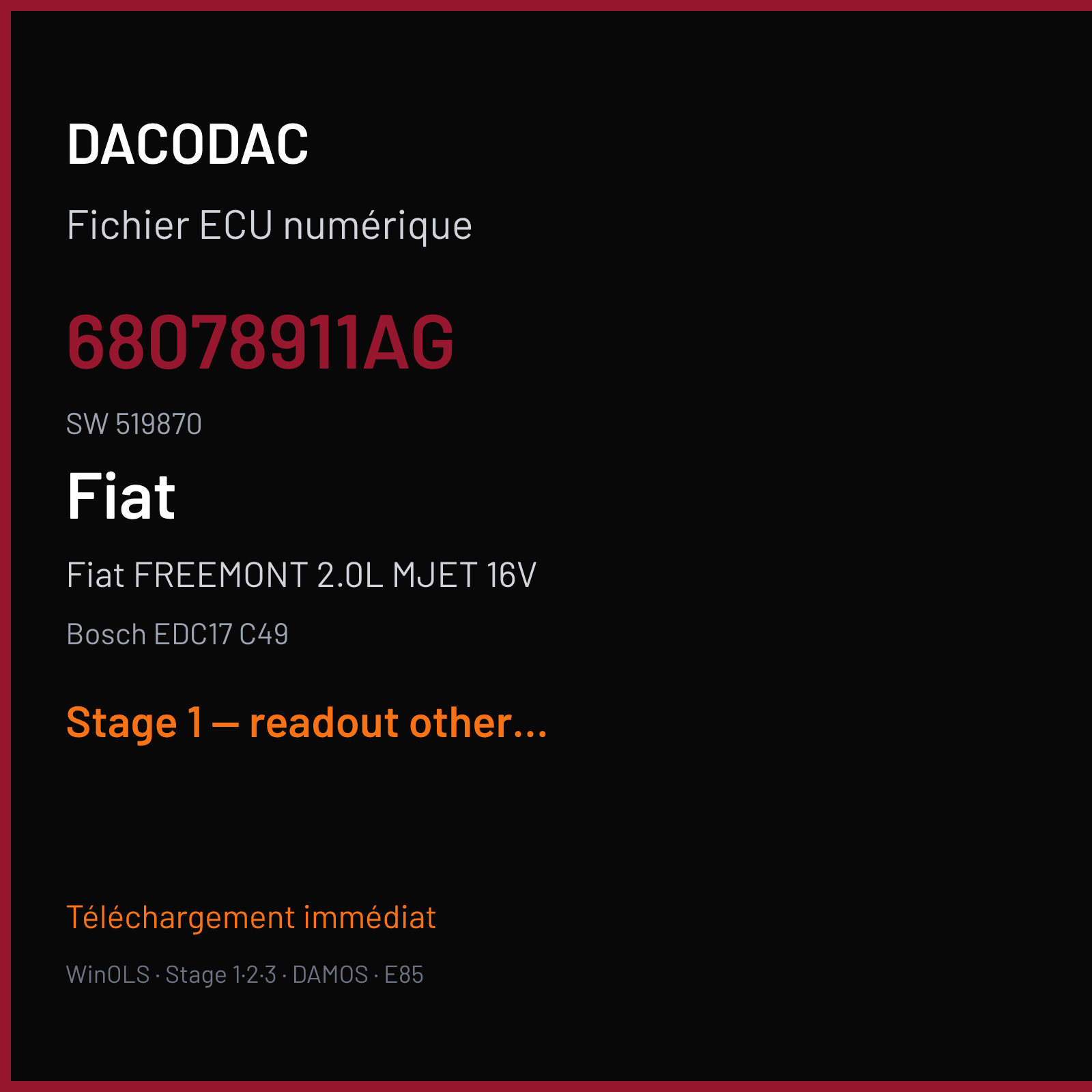 Fiat Freemont 2.0L MJET 16V (2001) — Bosch EDC17 C49 — 68078911AG · 519870 — Stage 1 — readout other tuner seems stage 1 egr off and dpf off