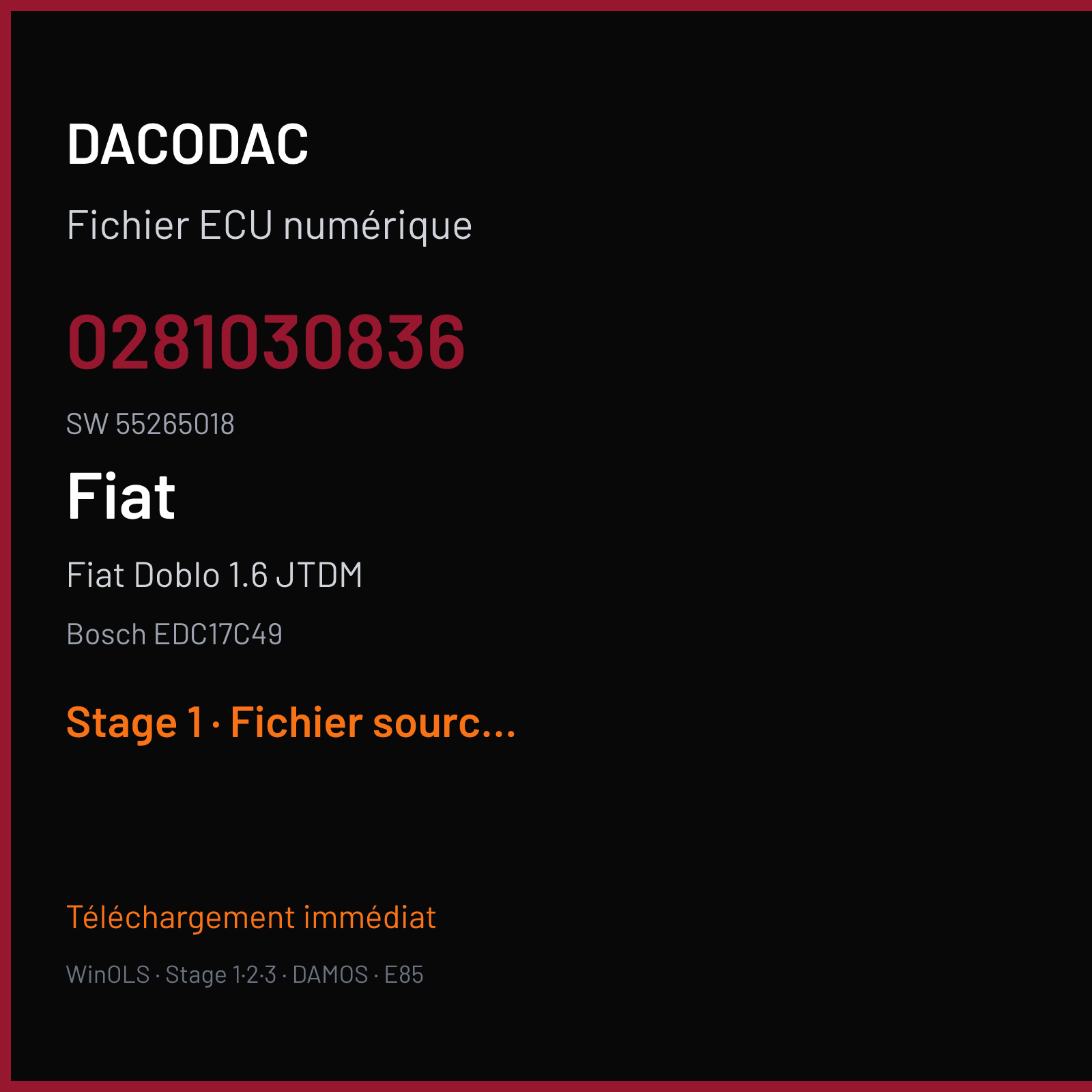 Fiat Doblo 1.6 JTDM 120 ch (2016) — Bosch EDC17C49 — 0281030836 · 55265018 · 542432 — Stage 1