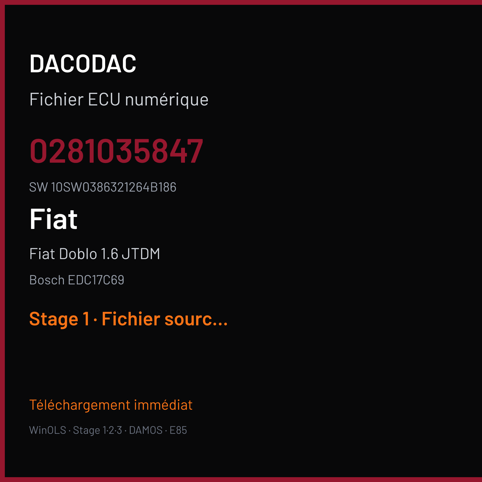 Fiat Doblo 1.6 JTDM 120 ch (2018) — Bosch EDC17C69 — 0281035847 · 10SW0386321264B186 · 038632 — Stage 1