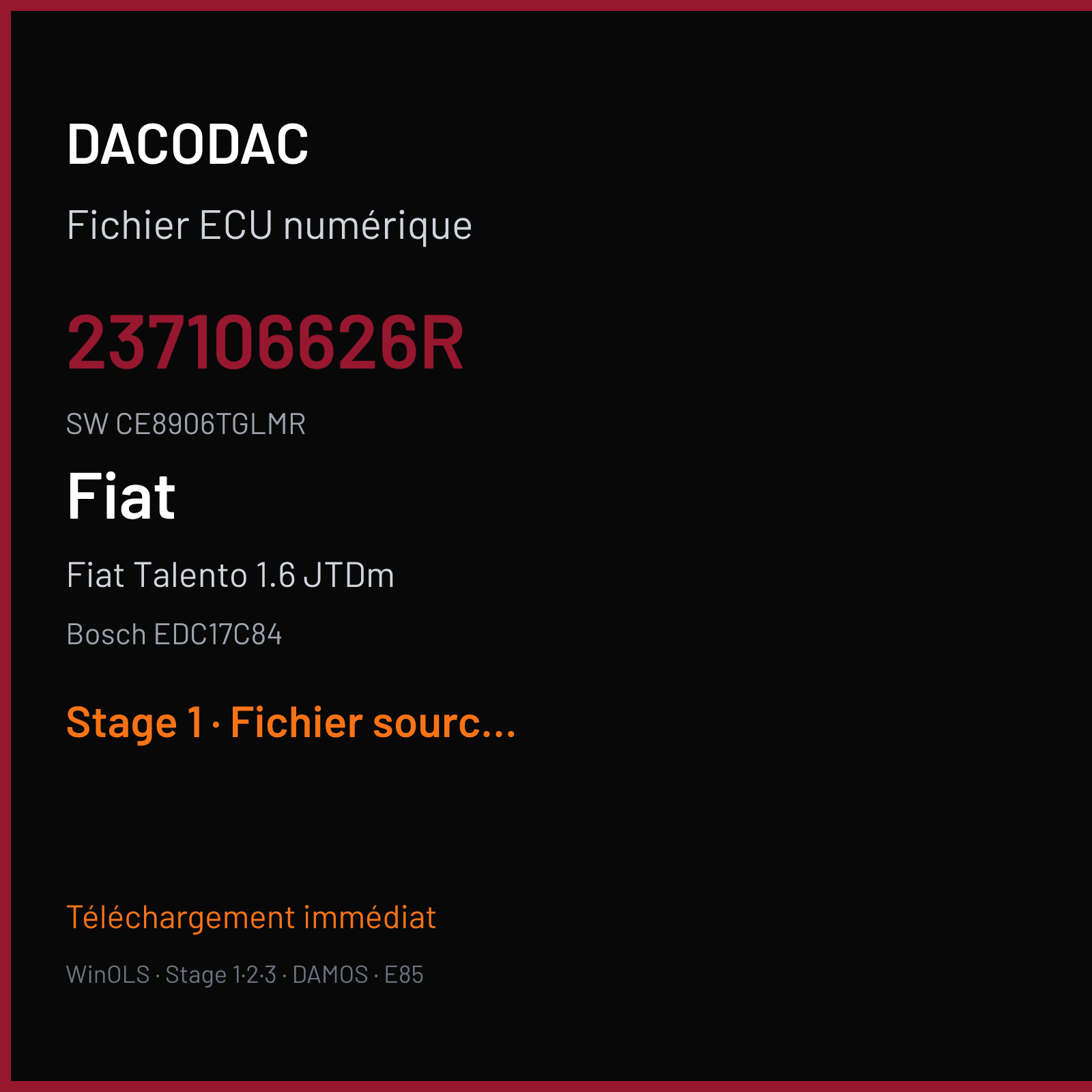 Fiat Talento 1.6 JTDm 120 ch — Bosch EDC17C84 — 237106626R · CE8906TGLMR · 237109983R — Stage 1