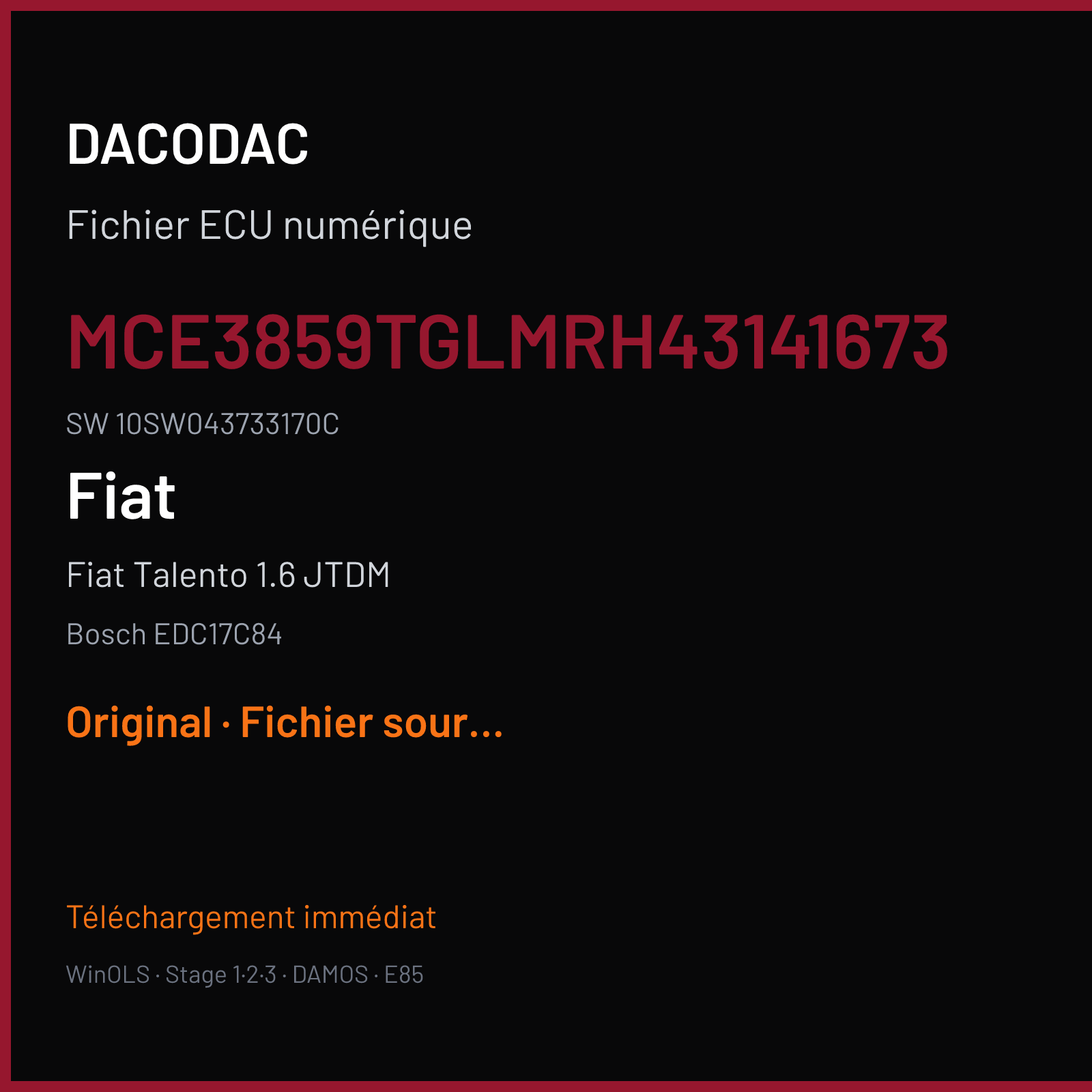 Fiat Talento 1.6 JTDM 120 ch (2018) — Bosch EDC17C84 — MCE3859TGLMRH43141673 · 10SW043733170C · G40 043733 — Original