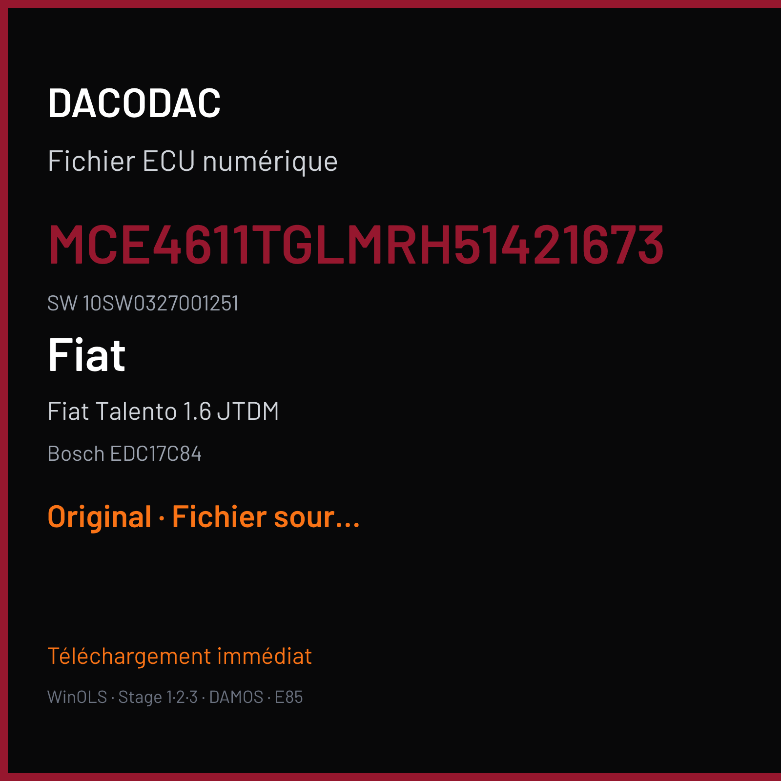 Fiat Talento 1.6 JTDM 140 ch (2018) — Bosch EDC17C84 — MCE4611TGLMRH51421673 · 10SW0327001251 · 8F0 032700 — Original