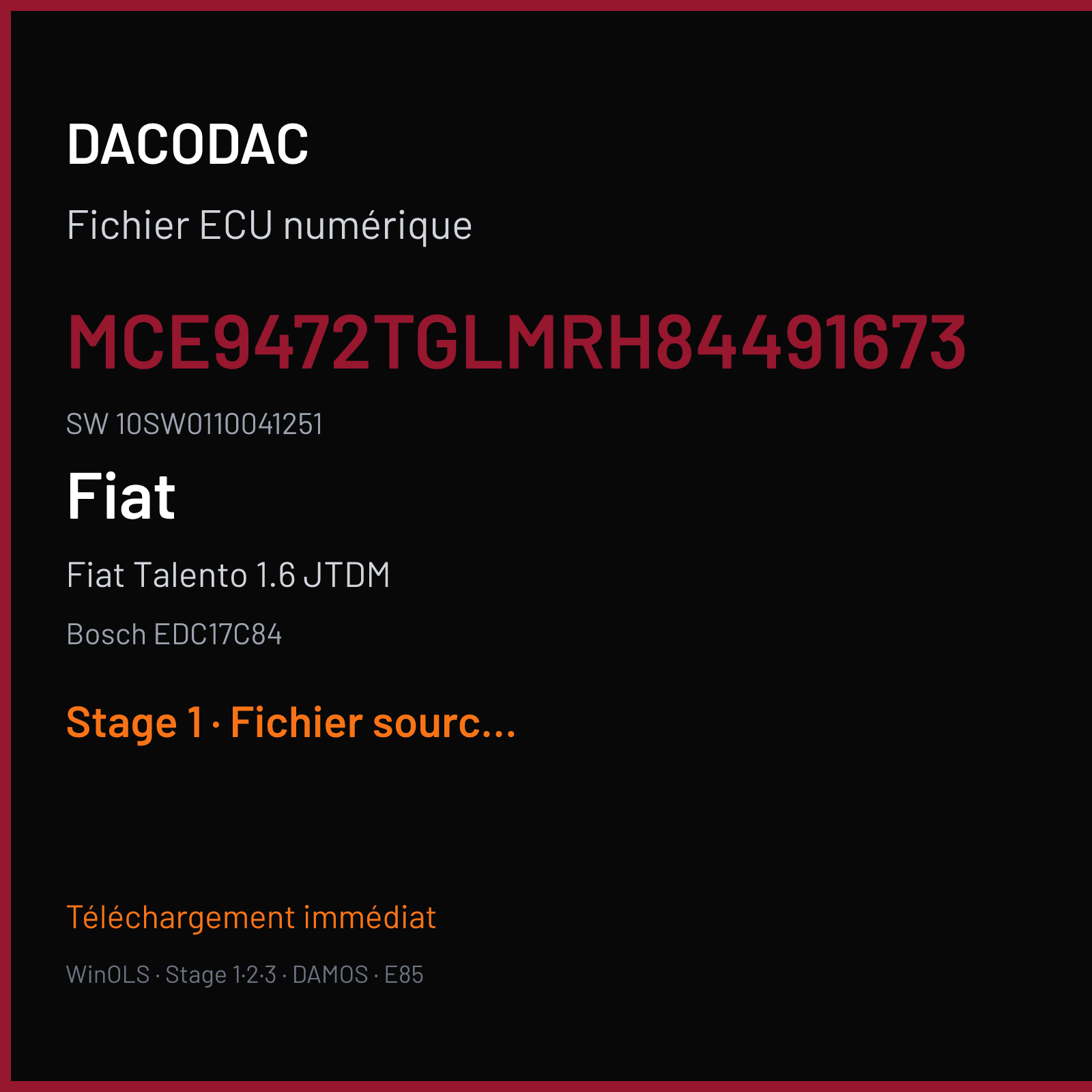 Fiat Talento 1.6 JTDM 120 ch (2016) — Bosch EDC17C84 — MCE9472TGLMRH84491673 · 10SW0110041251 · 8E0 011004 — Stage 1
