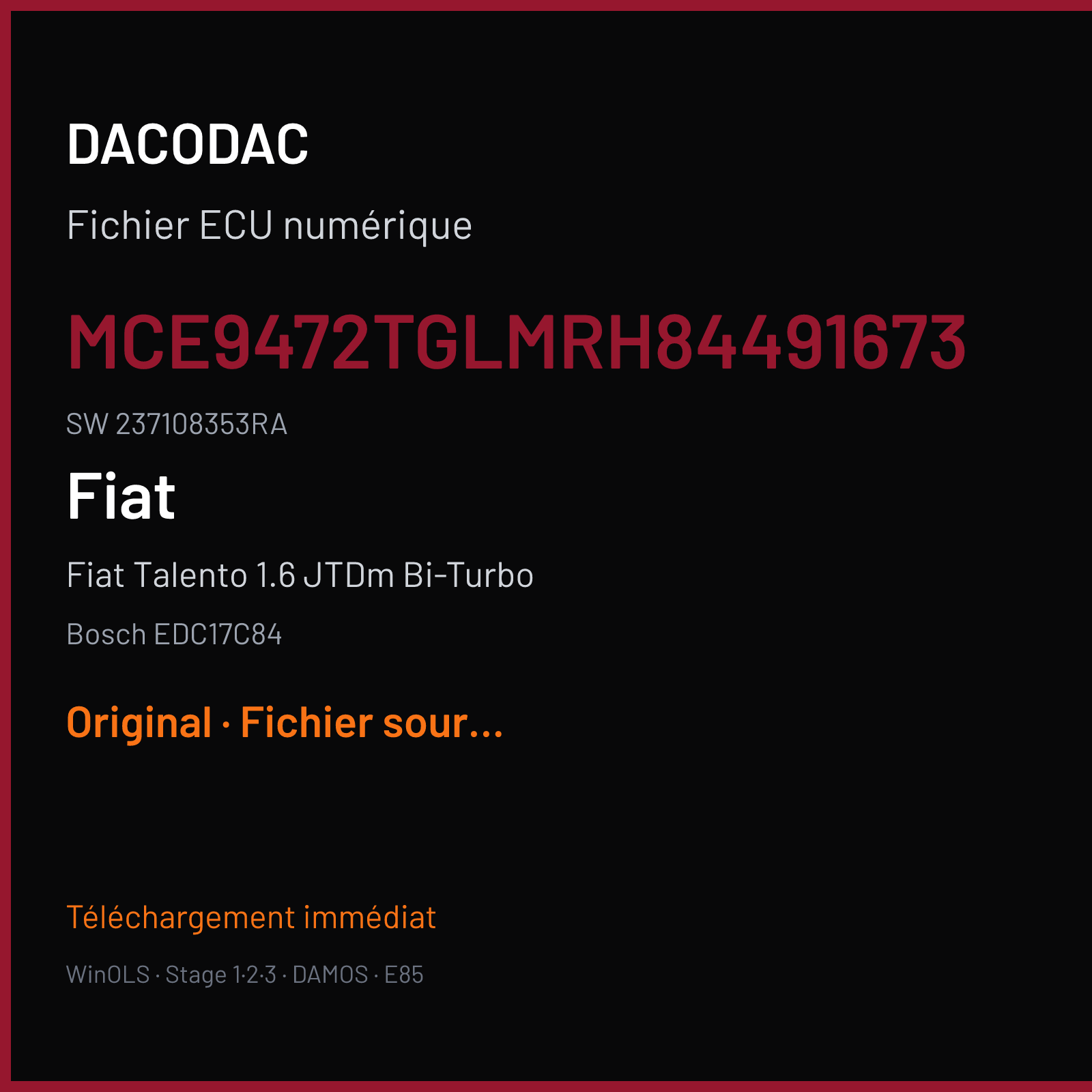 Fiat Talento 1.6 JTDm Bi-Turbo 120 ch (2016) — Bosch EDC17C84 — MCE9472TGLMRH84491673 · 237108353RA — Original