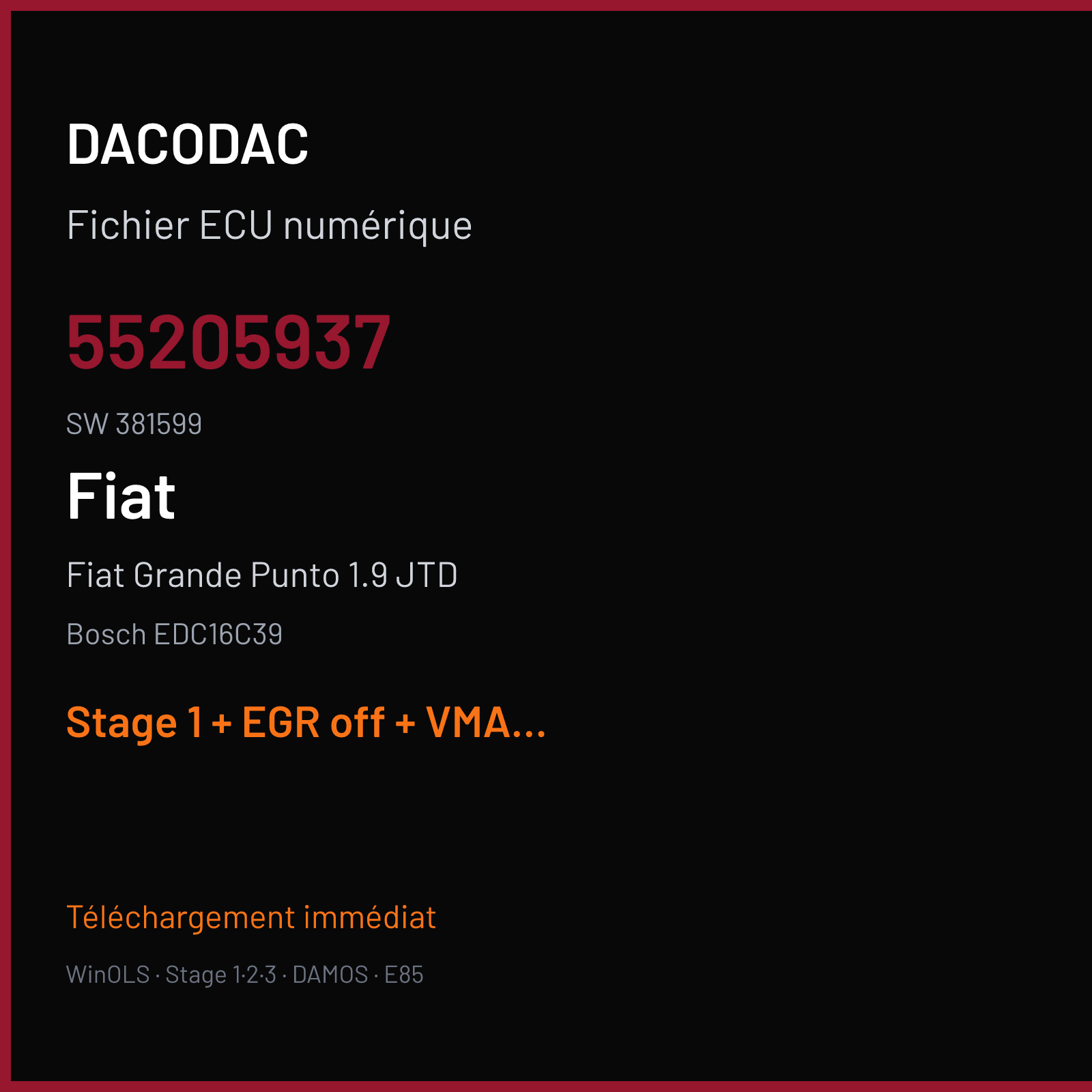 Fiat Grande Punto 1.9 JTD (2006) — Bosch EDC16C39 — 55205937 · 381599 — Stage 1 + EGR off + VMAX off