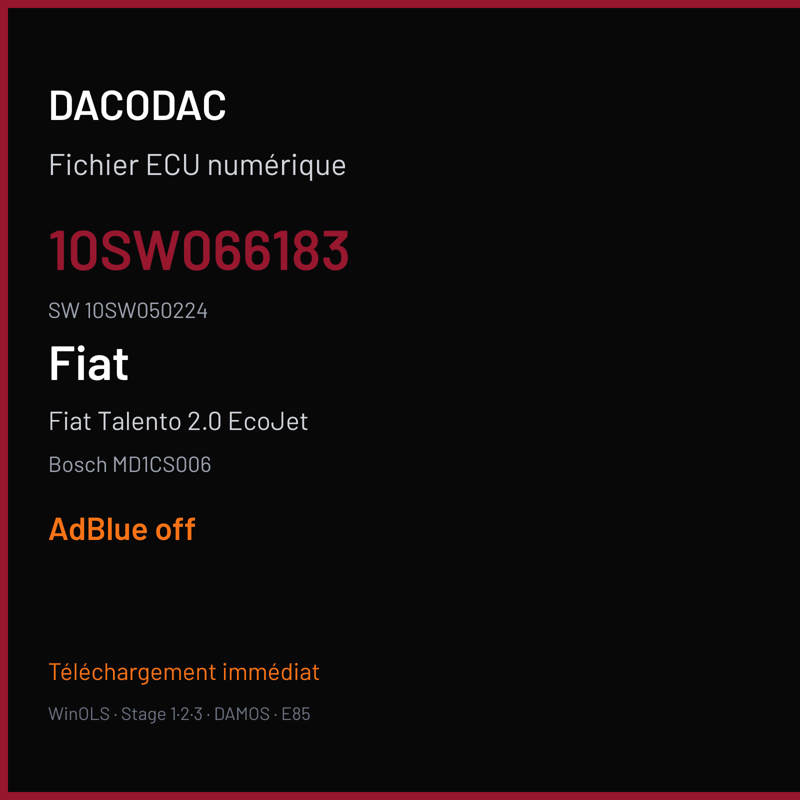 Fiat Talento 2.0 EcoJet 120 ch (2020) — Bosch MD1CS006 — 10SW066183 · 10SW050224 · 066183 — ADBLUE off