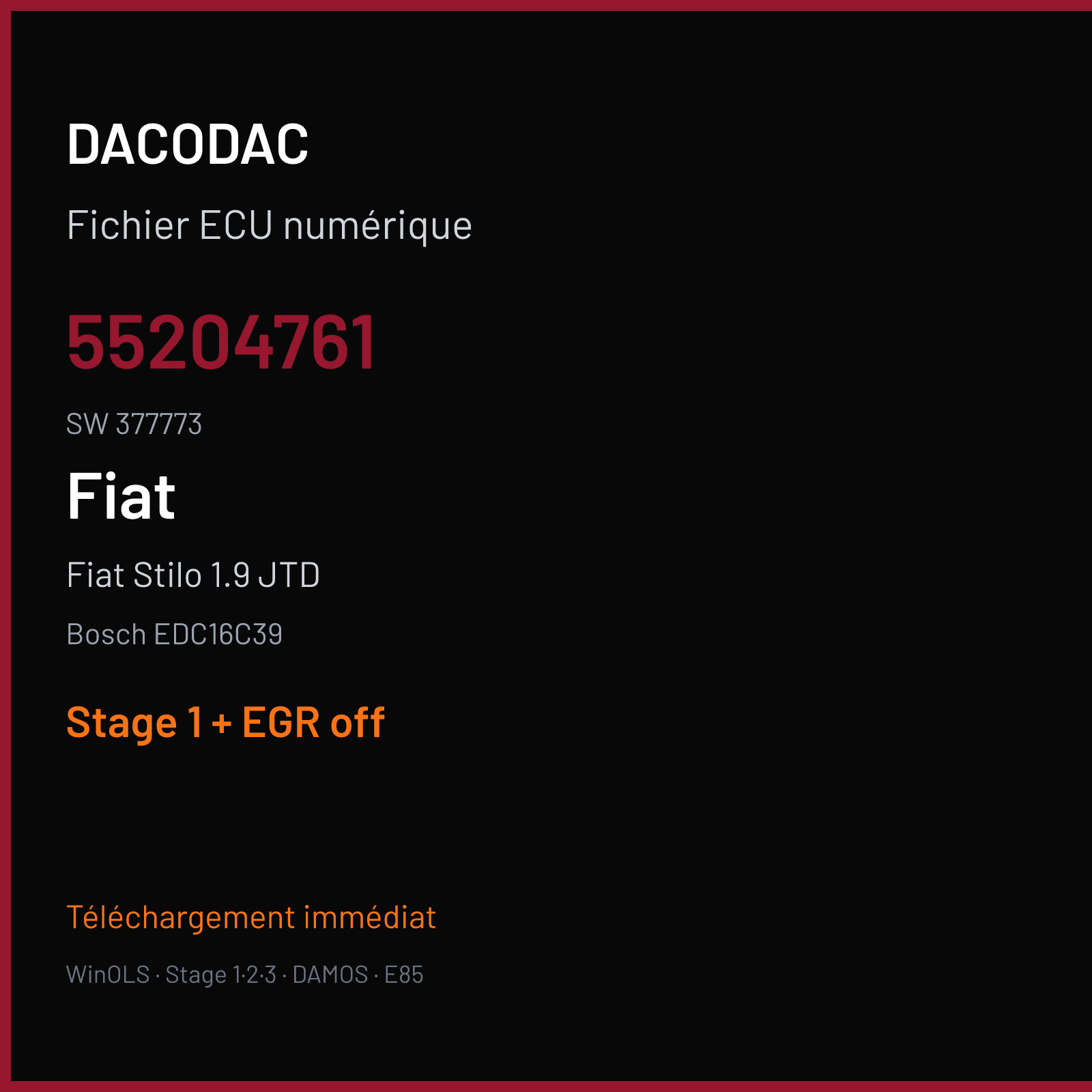 Fiat Stilo 1.9 JTD (2006) — Bosch EDC16C39 — 55204761 · 377773 — Stage 1 + EGR off